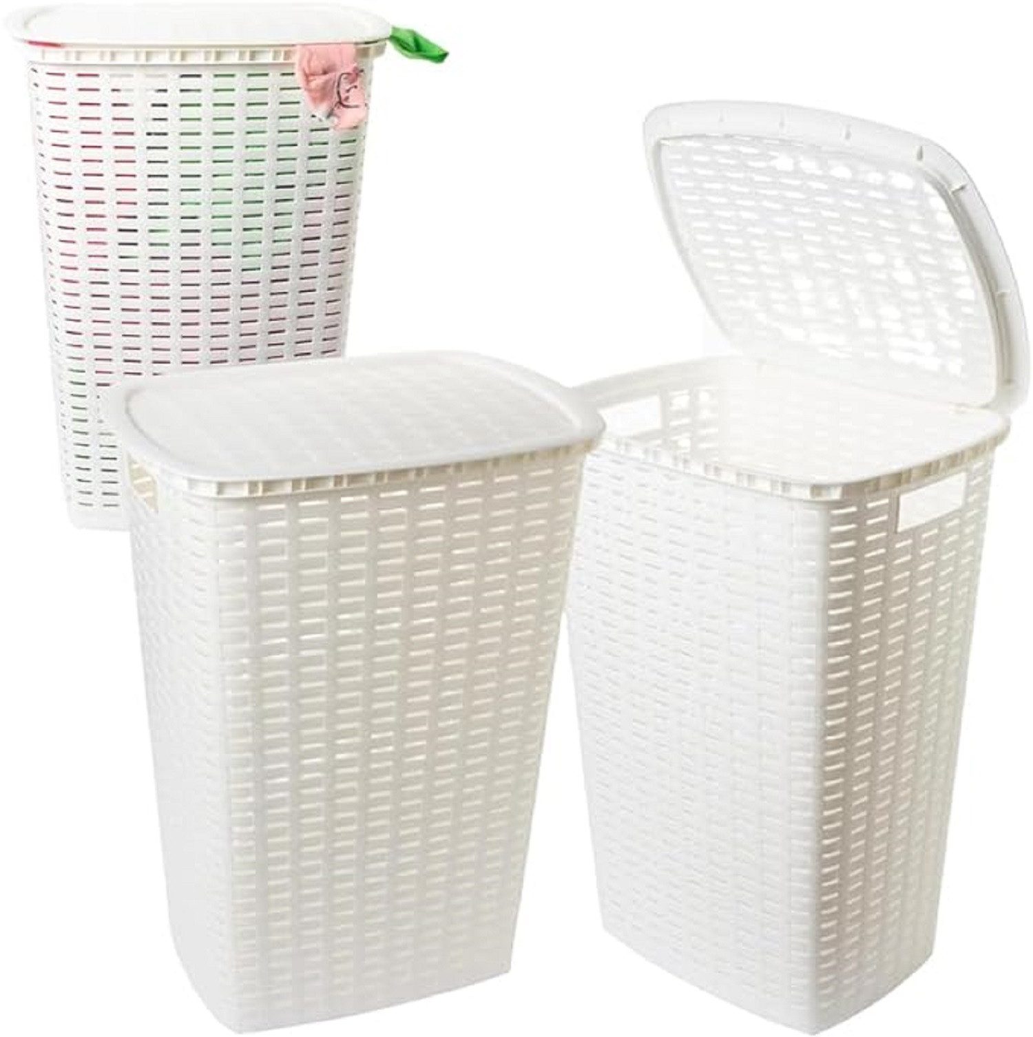 2friends Wäschewanne Корзины для белья mit ergonomischen Griff (3er Set 45x34x60 cm, weiß), Flechtoptik, mit Deckel und seitlichen Griffen