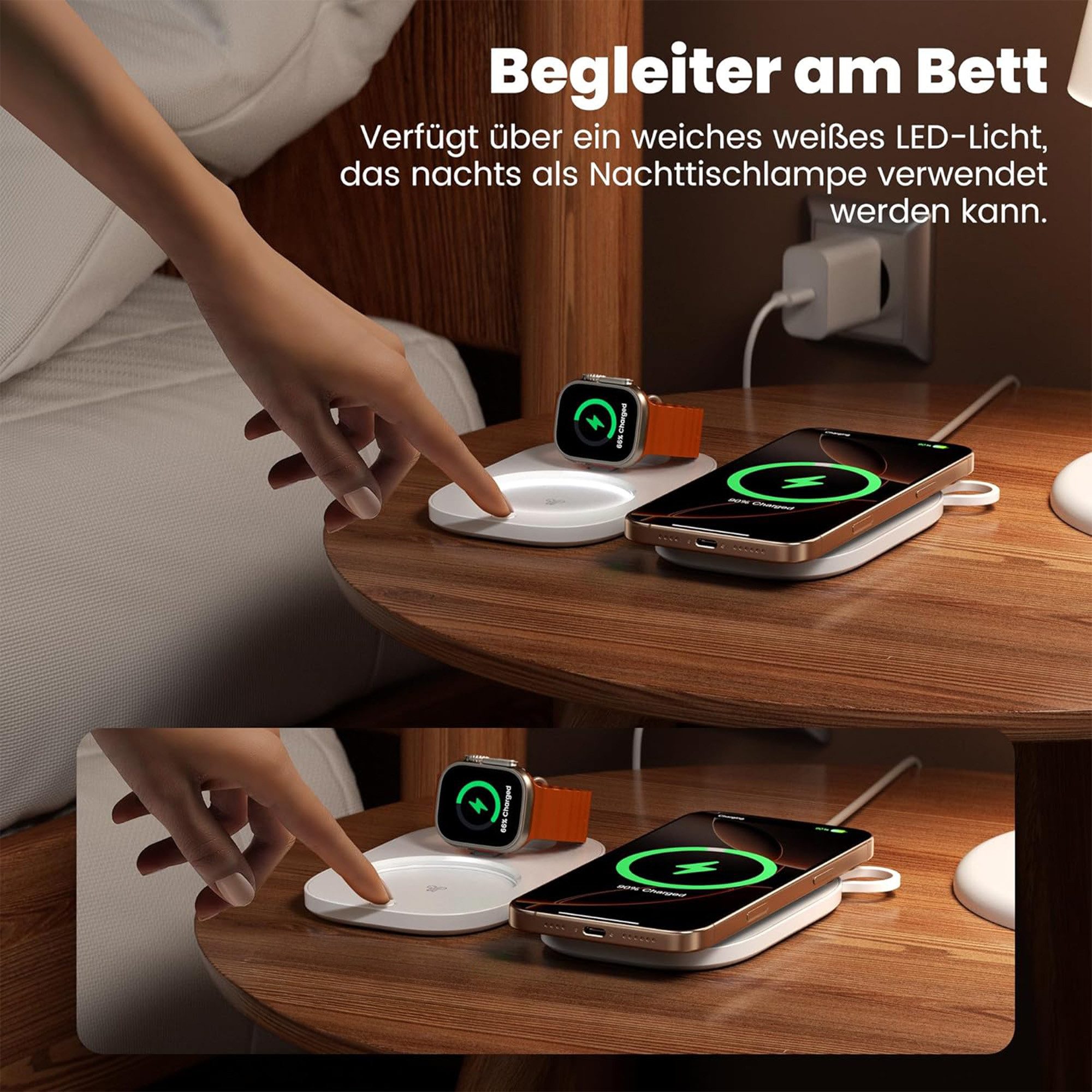 GreenHec Ladestation iPhone Apple Watch 3in1 LED MagSafe Wireless Charger Laden Wireless Charger (3000 mA, Spar-Set, 3in1 PowerBase + USB-C Kabel + 20w Dual Charger, 17 16 15 14 13 12 Pro Max Air Induktionsladegerät Kabellos Travel Base)