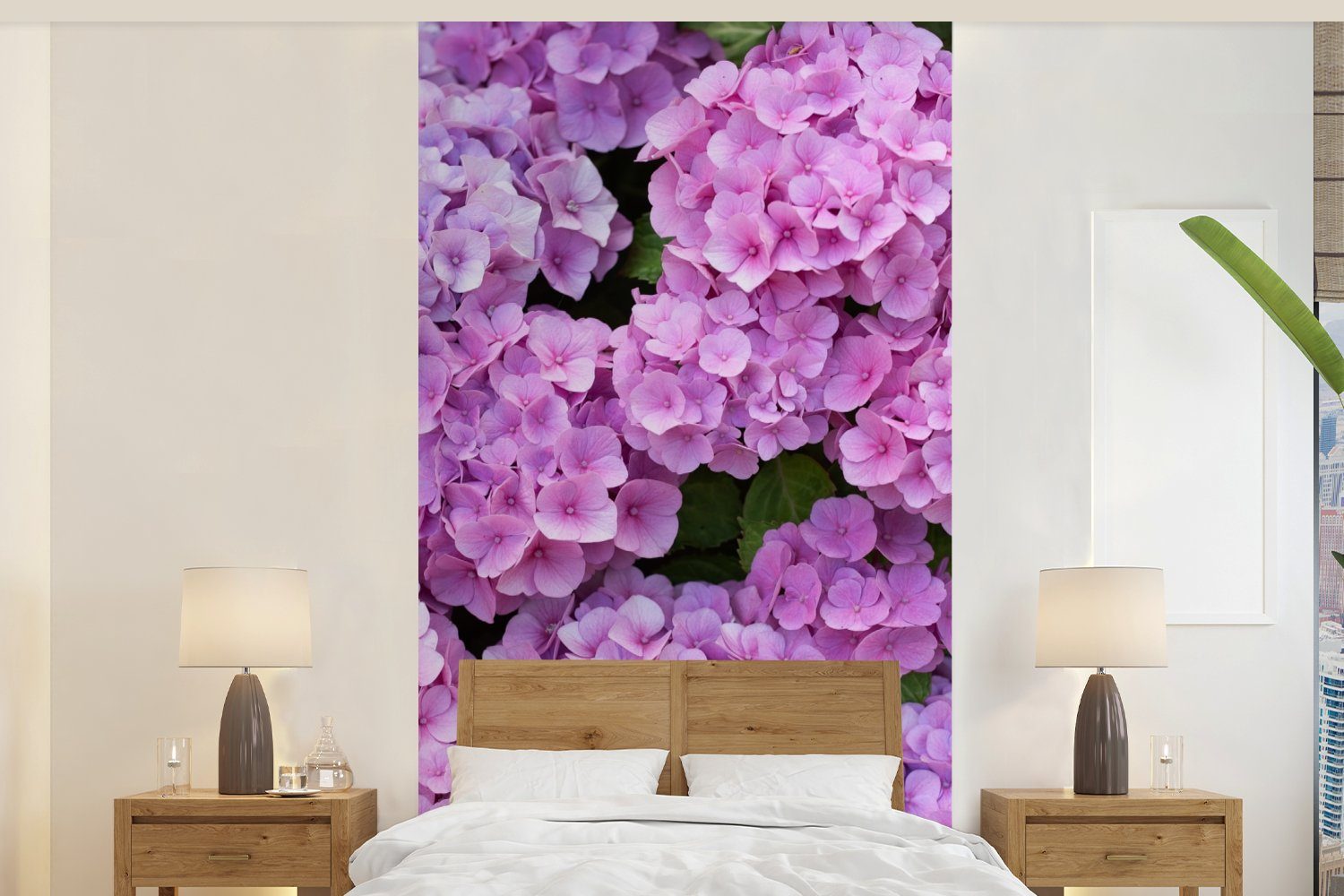 - (2 Wohnzimmer Fototapete - Küche, - MuchoWow Matt, St), - Blumen Vliestapete bedruckt, für Schlafzimmer Hortensie Strauch Fototapete Rosa Blütenblätter,