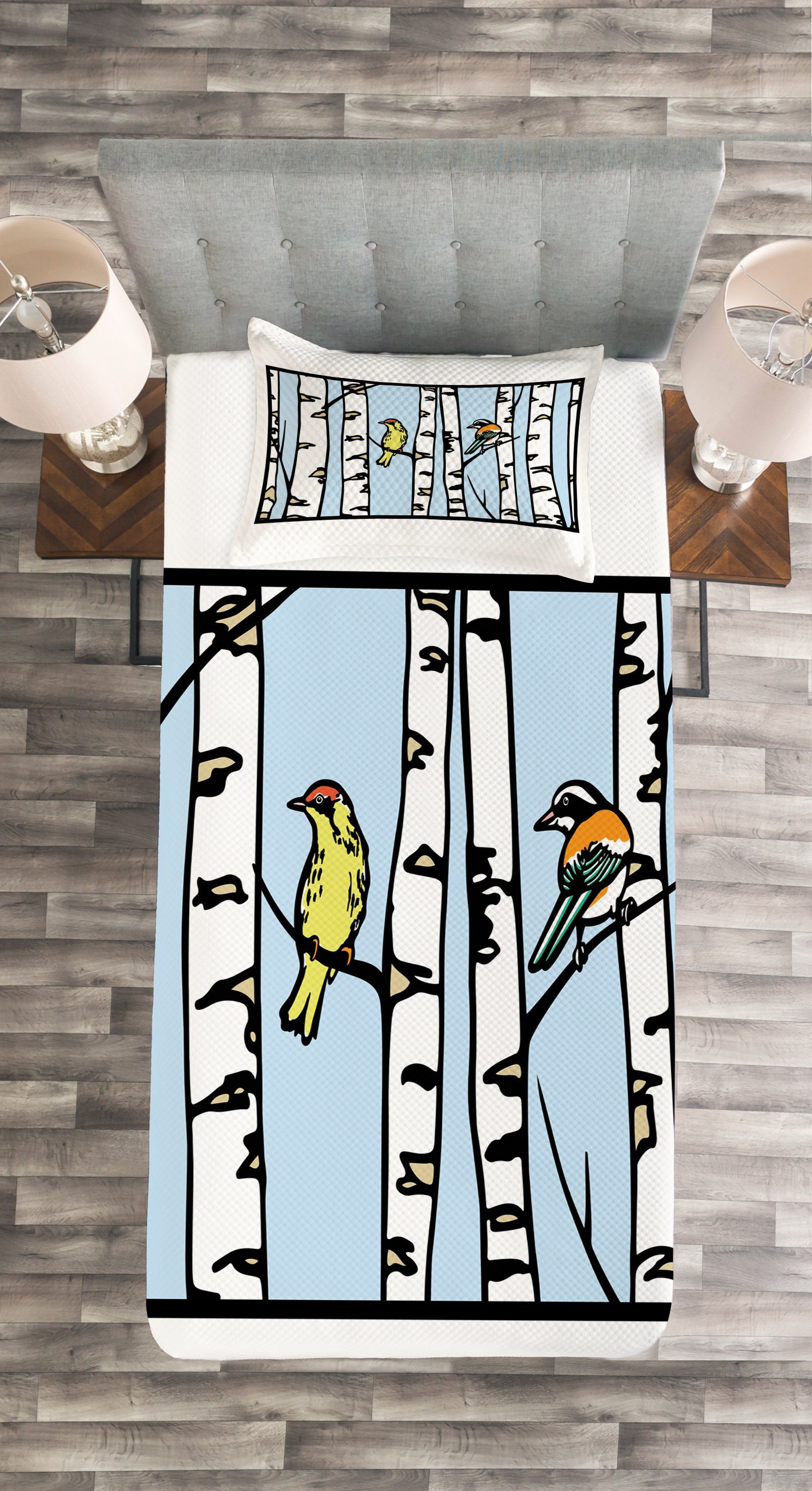 Vögel Waschbar, Bark Tagesdecke mit Birke Set Zeichnung Abakuhaus, Kissenbezügen