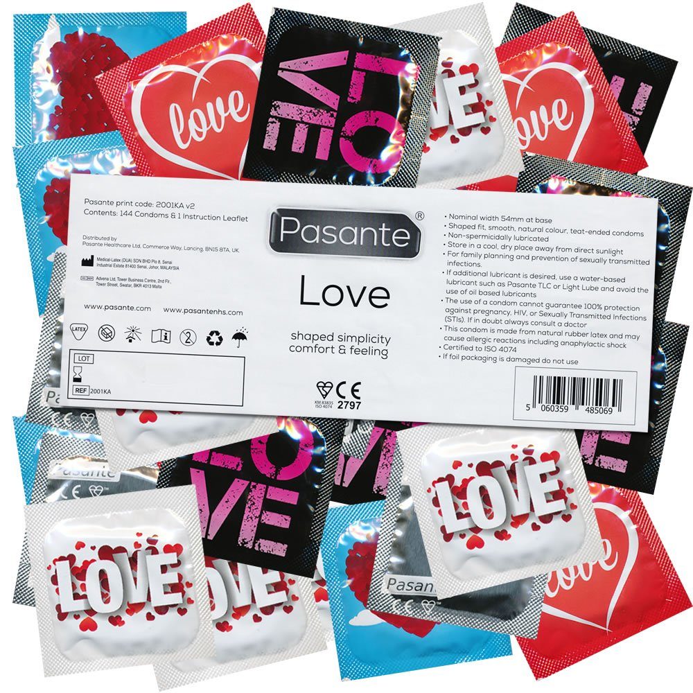 Pasante Kondome Love (Motivkondome mit freizügiger Comfort-Form) Packung mit, 144 St., romantische Kondome, ideal für Junggesellenabschiede, Geschenk für Männer, Vorratspackung, bedruckte Siegelfolien