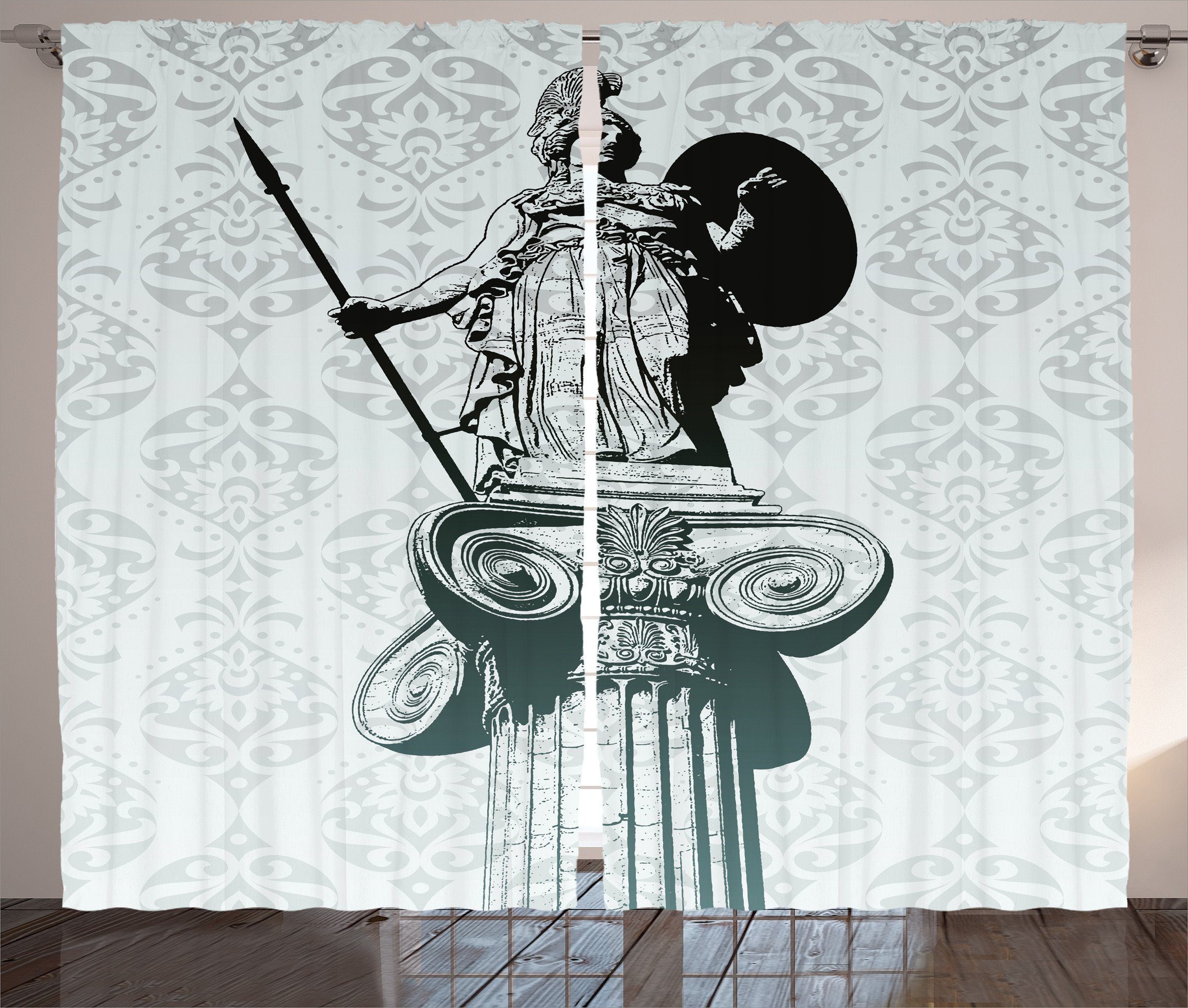 Gardine Schlafzimmer Kräuselband Vorhang mit Schlaufen und Haken, Abakuhaus, Schwarz Griechisch Athena Barocke Damast