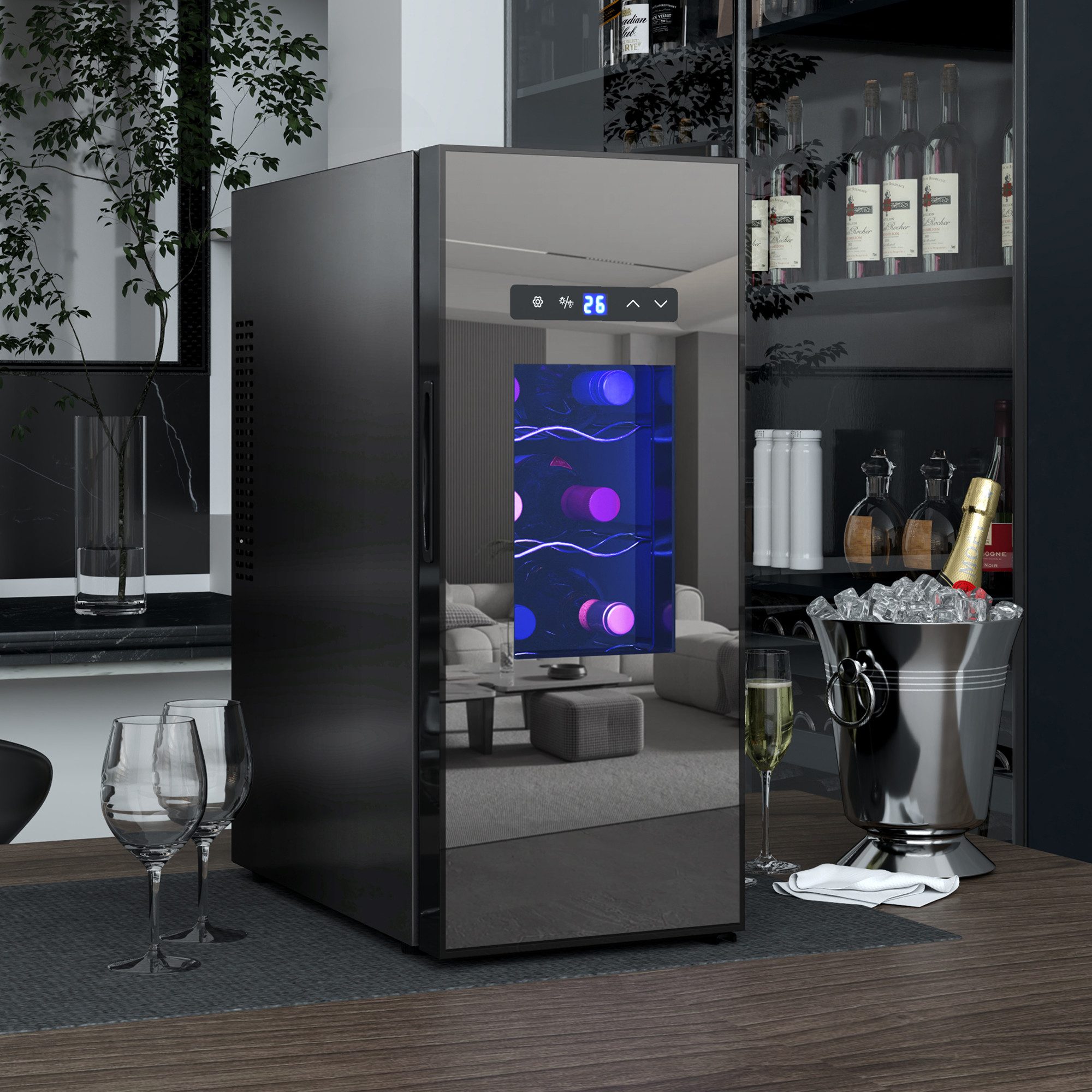 HOMCOM Weinkühlschrank Kompressor 20 Flaschen 5-18°C, Touchscreen, LED-Beleuchtung, für 12 Standardflaschen á 0,75l,mit Innenbeleuchtung, Schwarz