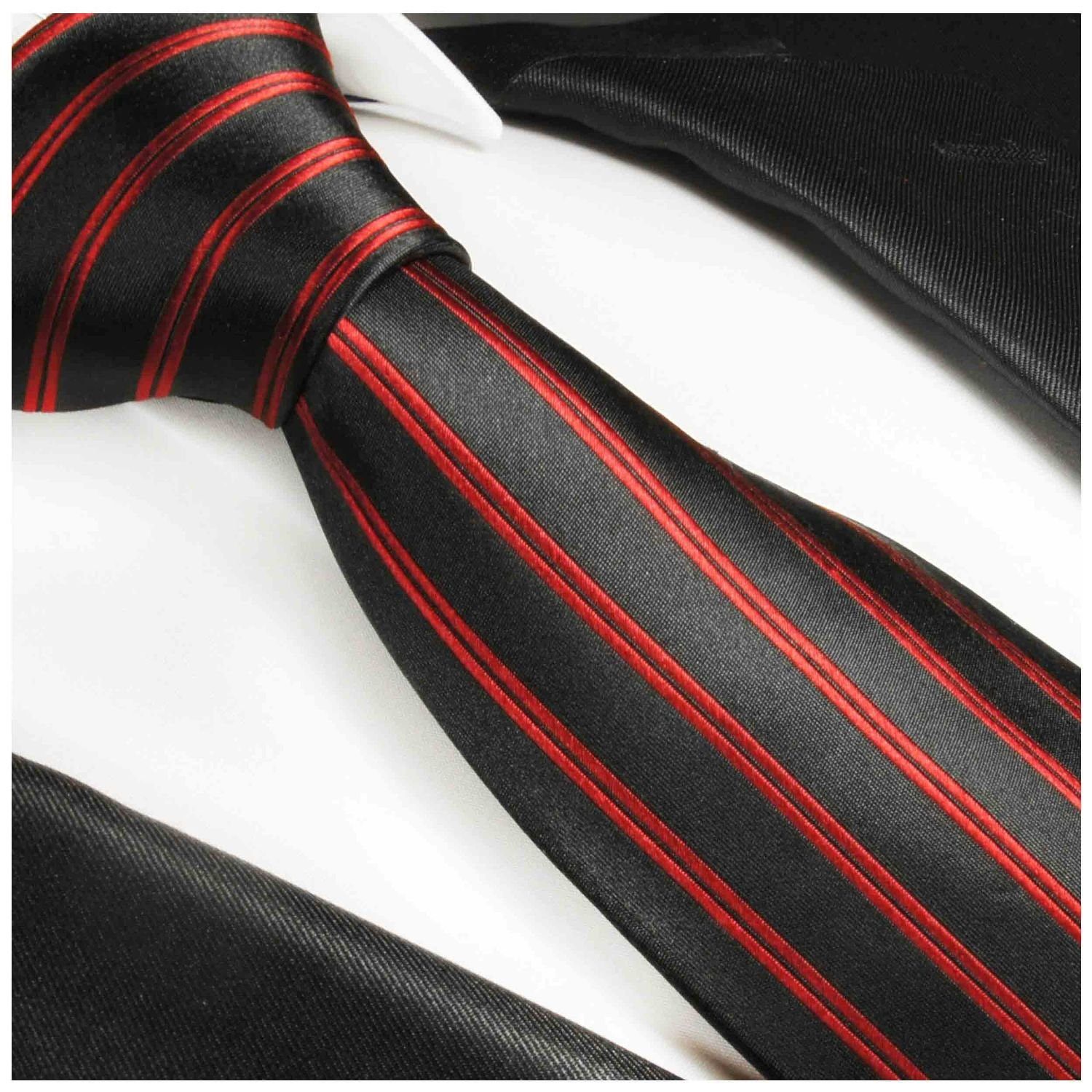 Krawatte mit Breit 2-St., rot Malone längs Herren Einstecktuch) (Set, (8cm), 100% gestreift Krawatte Seide Seidenkrawatte 988 schwarz Paul