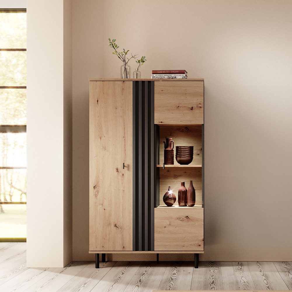 Lomadox Highboard MATTAWA-167, Vitrine, 90 cm, Eiche Dekor, 2 Türen, LED Beleuchtung