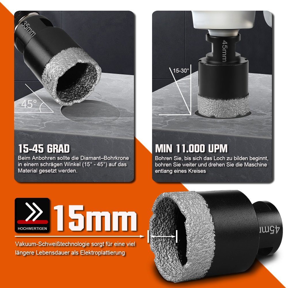 XERSEK Kernbohrer 11tlg Fliesenbohrer Diamant Bohrkrone 6-68mm M14 Für Winkelschleifer, Nass- / Trockenbohrkrone Fliesenbohrkrone Lochsäge