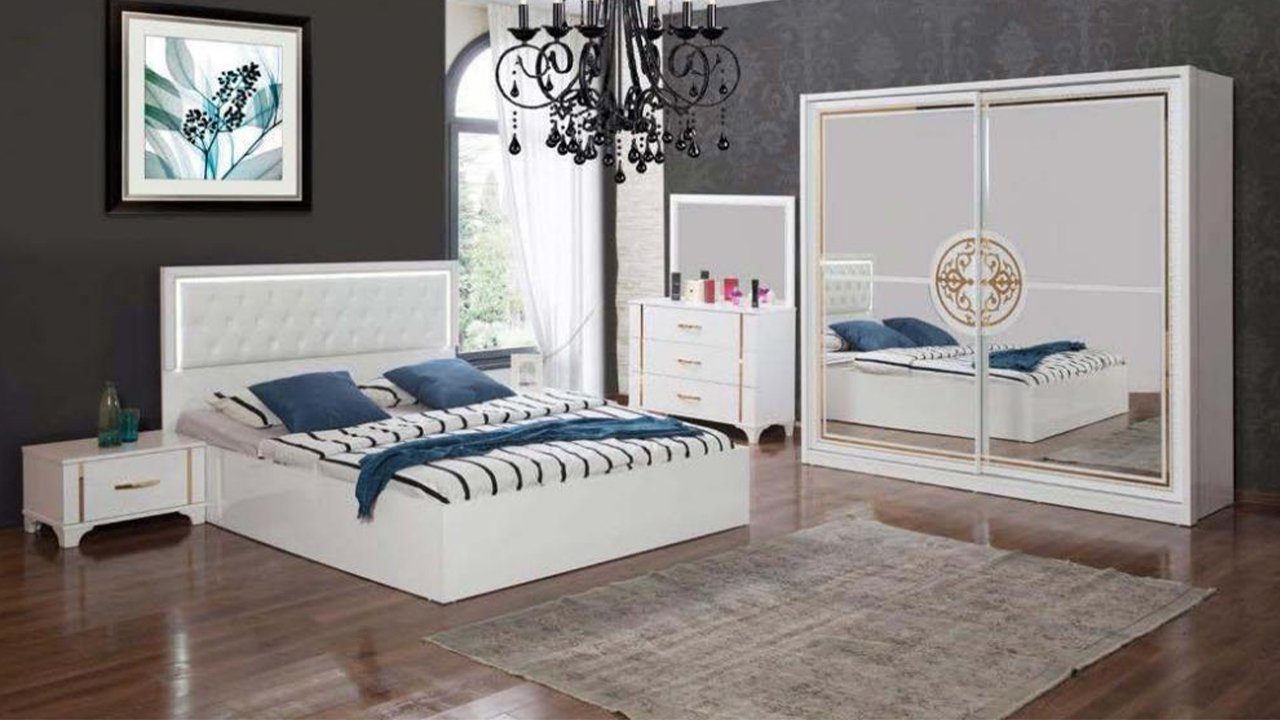 JVmoebel Schlafzimmer-Set Luxus Weißes SChlafzimmer Set Bett Chesterfield Nachttische Kommode, (5-St), Made In Europe