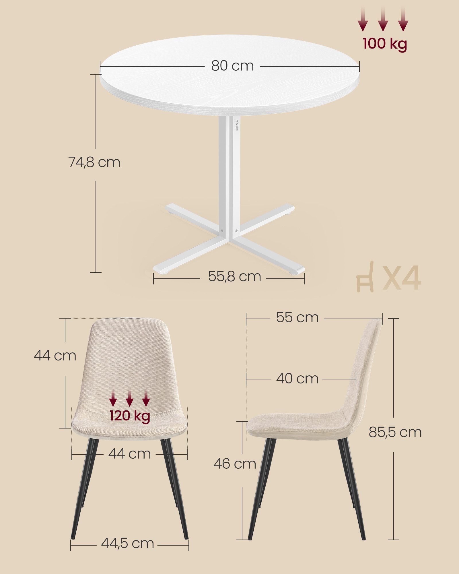 VASAGLE Essgruppe Runder Tisch mit Esszimmerstühlen, Essgruppe, (5-tlg), Küchentisch 80x80x74.8cm, 4 Esszimmerstühlen je 55 x 43,5 x 85,5 cm – Bild 3 von 5