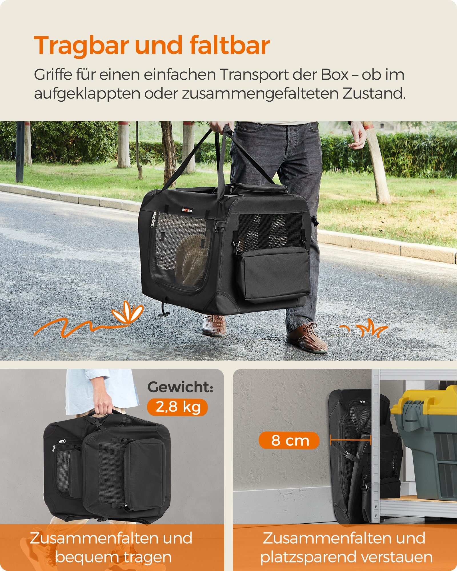 FEANDREA Tiertransporttasche Hundebox faltbar, Transportbox Hund, Hundetasche, mit Griffen, Taschen bis 11,00 kg, M, Oxford-Gewebe, atmungsaktiv tragbar transportabel, 60 x 42 x 42 cm