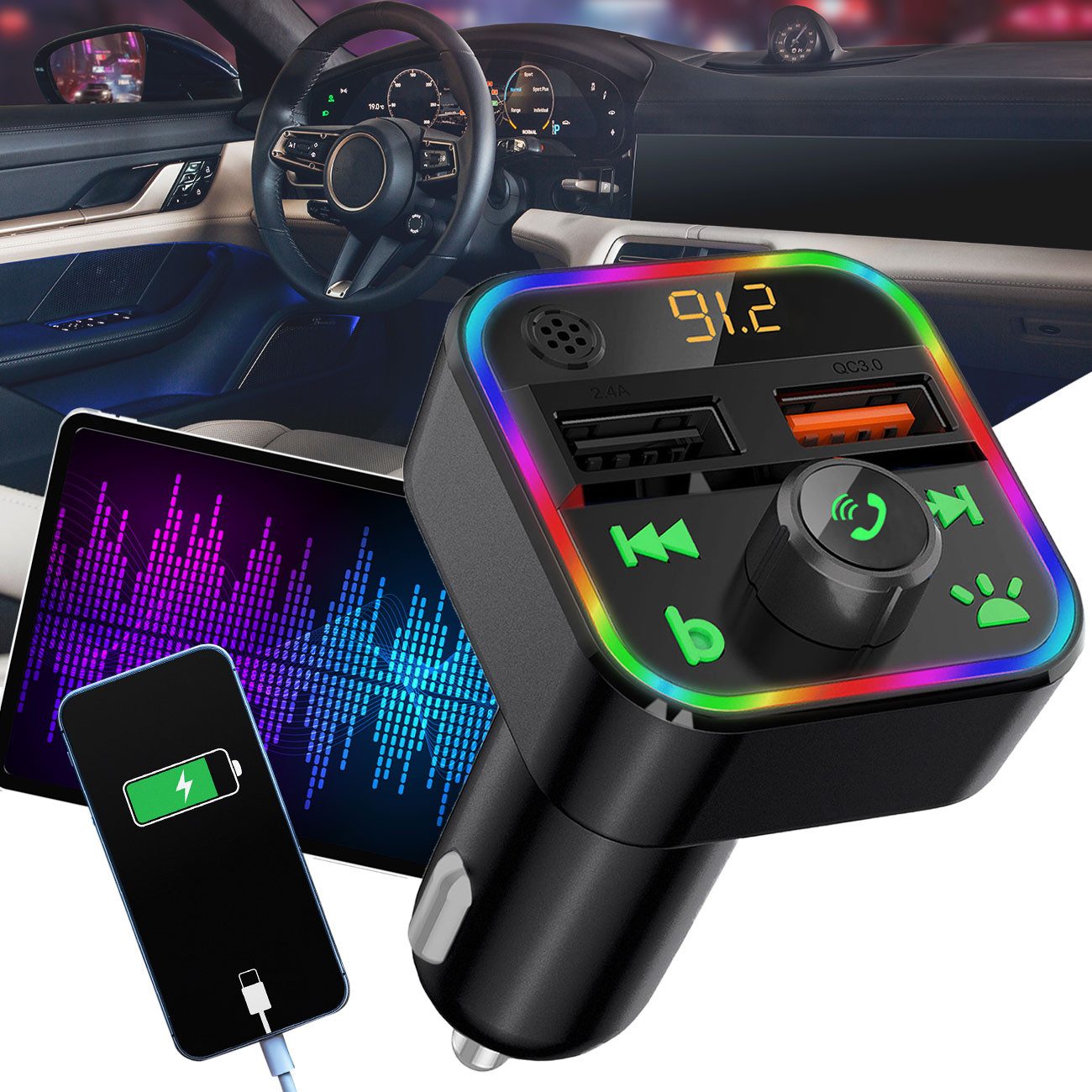 Casativo FM Transmitter mit Bluetooth 5 USB-A Ladeports & Freisprechfunktion KFZ-Transmitter, USB/SD Musik, MP3/FLAC, Bassboost, LED, 12/24V, Auto-Off