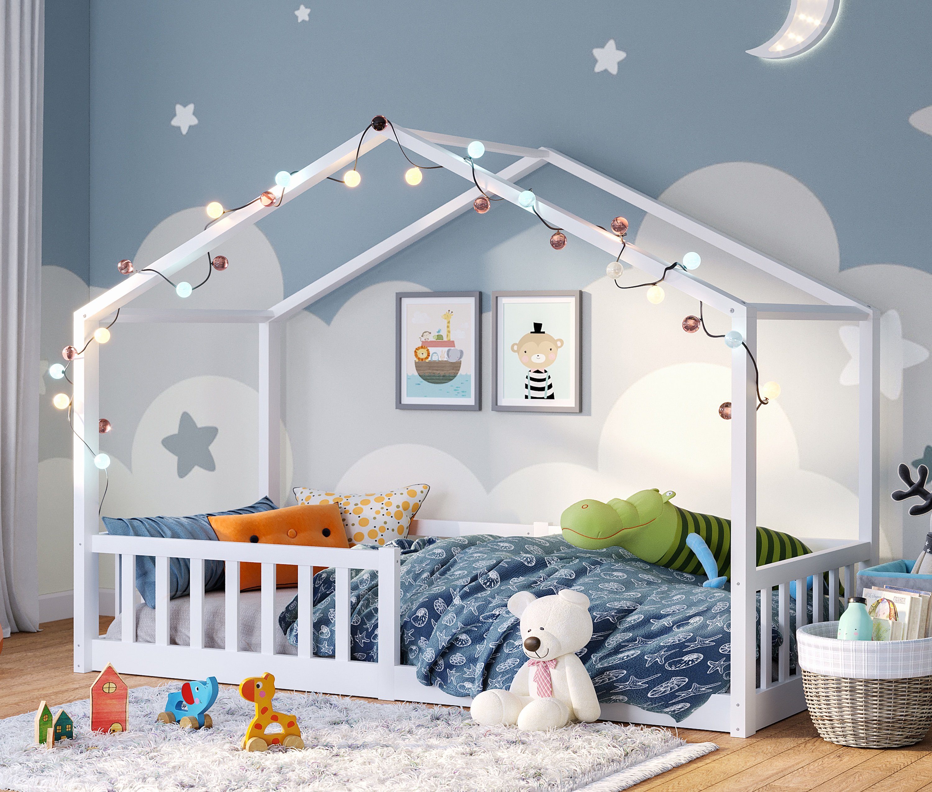 Bellabino Hausbett Bia (weiß, 90x200 cm, Bodenbett mit Rolllattenrost und Rausfallschutz), bodentiefes Kinderbett in verschiedenen Ausführungen