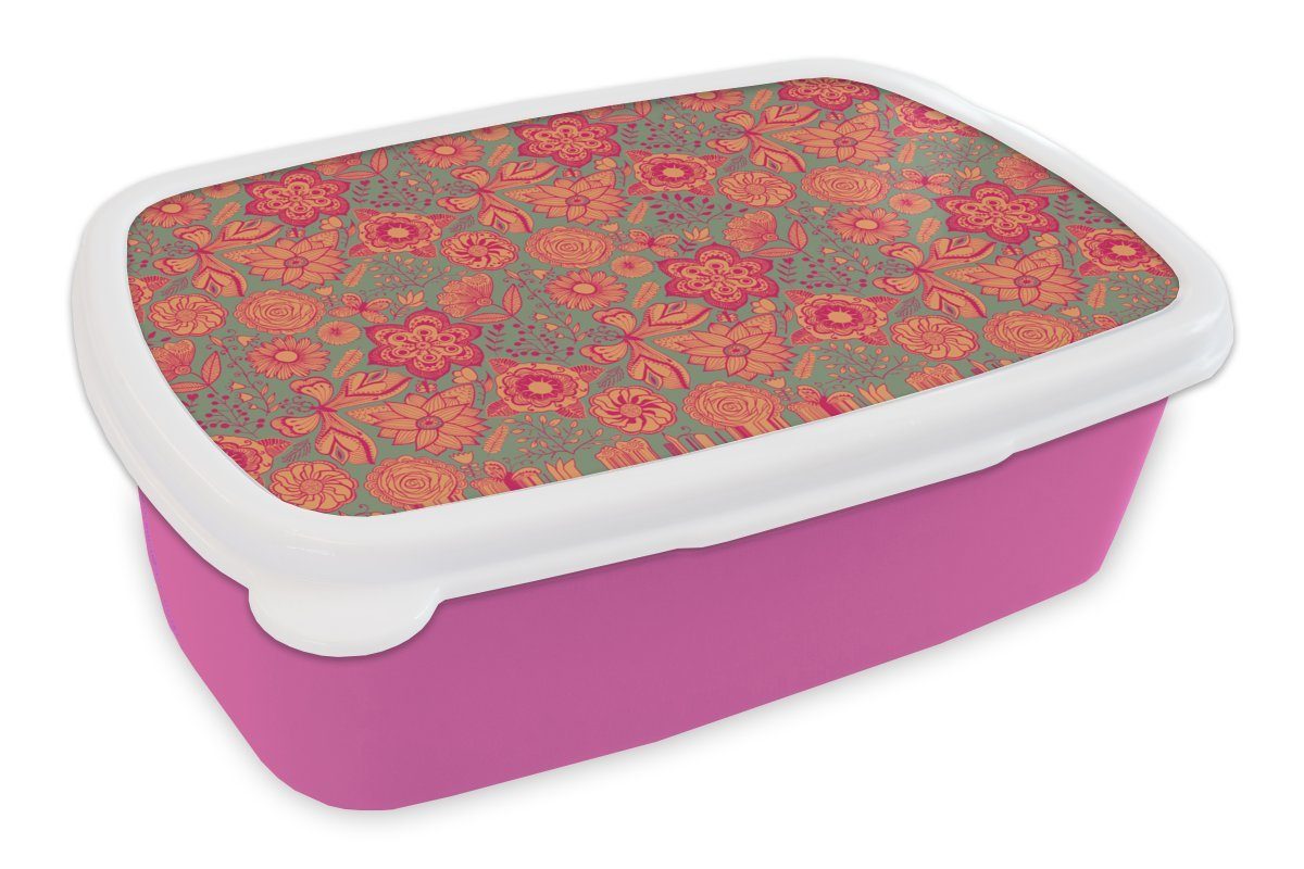 MuchoWow Lunchbox Schmetterlinge - Muster - Frühling - Bohème, Kunststoff, (2-tlg), Brotbox für Erwachsene, Brotdose Kinder, Snackbox, Mädchen, Kunststoff rosa | Lunchboxen