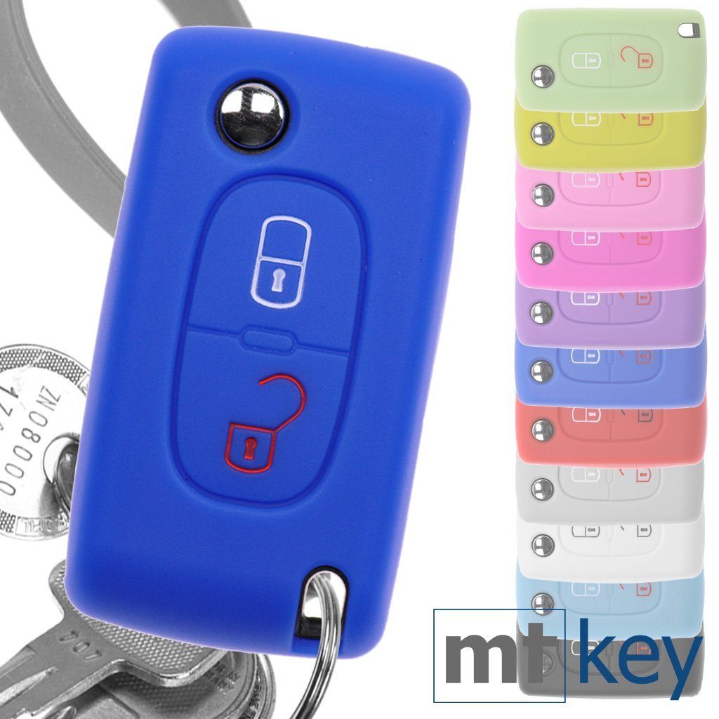 mt-key Schlüsseltasche Autoschlüssel Softcase Silikon Schutzhülle Blau, für Citroen Berlingo C2 C3 Peugeot 207 307 308 2 Tasten Klappschlüssel