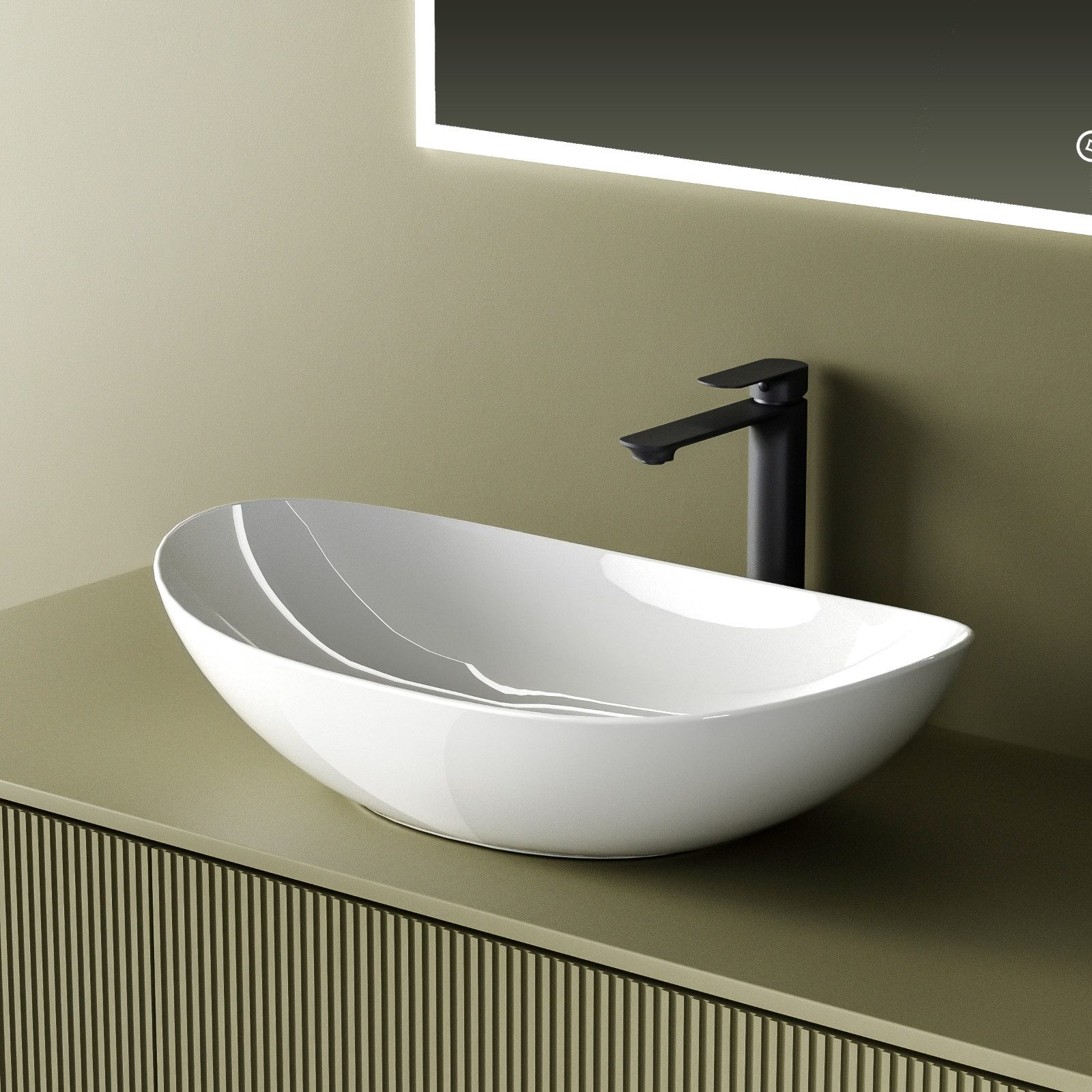 EMKE Aufsatzwaschbecken Aufsatzwaschbecken Oval, Keramik mit Nanobeschichtung, 61 x 36 cm (Packung), ohne Überlauf, ohne Hahnloch–mit pflegeleichter,kratzfester Oberfläche