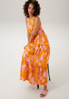 Aniston CASUAL Sommerkleid (mit abnehmbarem Bindeband) mit trendfarbenem, graphischem Blumendruck - NEUE KOLLEKTION