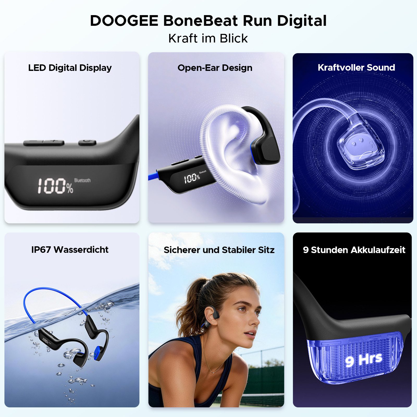 DOOGEE Knochenschall Kopfhörer, Open-Ear, LED-Display, IP67, BT 6.0 Bluetooth-Kopfhörer (9H Laufkopfhörer, Dual-Device, ideal für Laufen, Radfahren & Fitness)