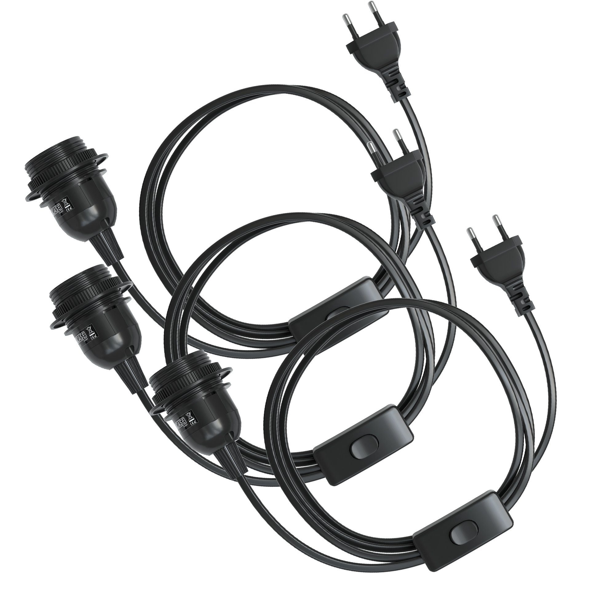 mit 3,5m, Kabel Lampen Lampenfassung E27 Lampensockel Schalter Lampenaufhängung CASE EAZY (Spar-Set, 3x Schalter und Kabel 3-St), E27 Netzstecker Fassung Schwarz