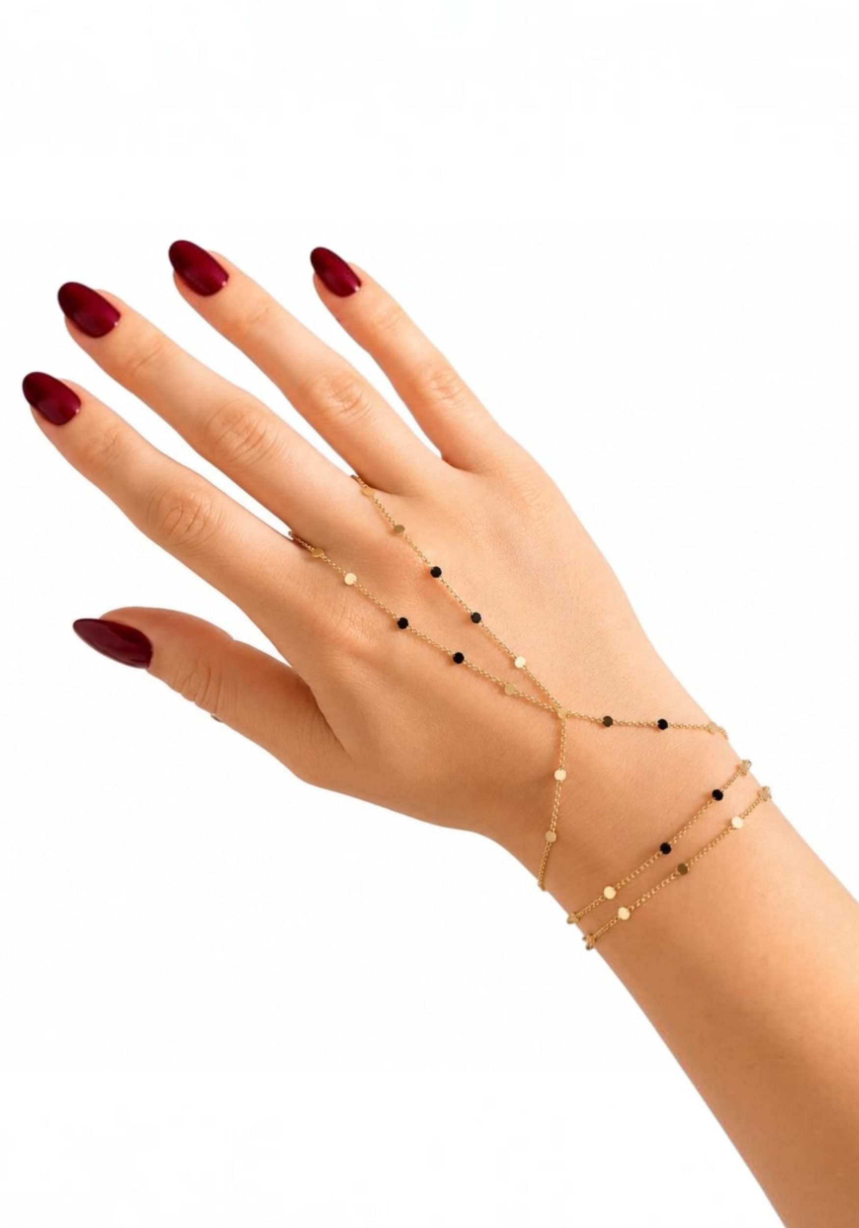 fashionshowcase Armkette Handkette Damen Gold – Fingerring Armband Coin Emaille Handschmuck (1-tlg), mit Fingerring-Schlaufe & Handkette – Sahmeran Coin-Plättchen Emaille