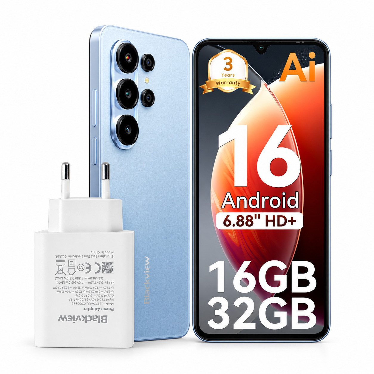 blackview Android 16 6,88'' 5000mAh 32MP 6GB+128GB Dual SIM incl.45w Handy (6,88 Zoll, 32 GB Speicherplatz, 32 MP Kamera, Dual SIM 4G, Android 16)