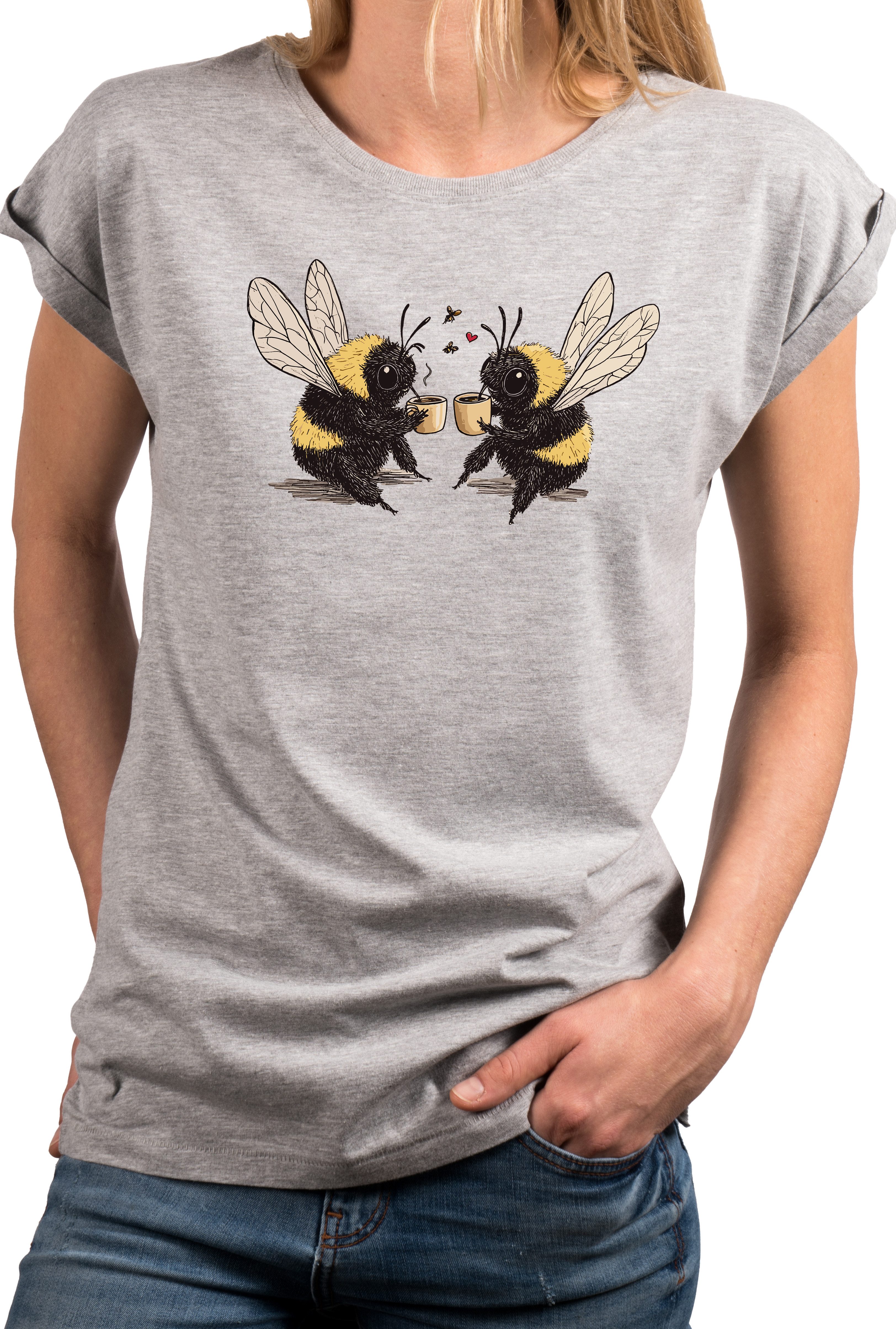 MAKAYA T-Shirt Damenshirt Lustige Tiere – Kaffee Hummel, Sommer-Top (Weiß, Rosa, Hellgrau, Grün, Dunkelgrau, Blau, Schwarz, 34, 36, 38, 40, 42, 44, 46, 48, 50) Baumwolle