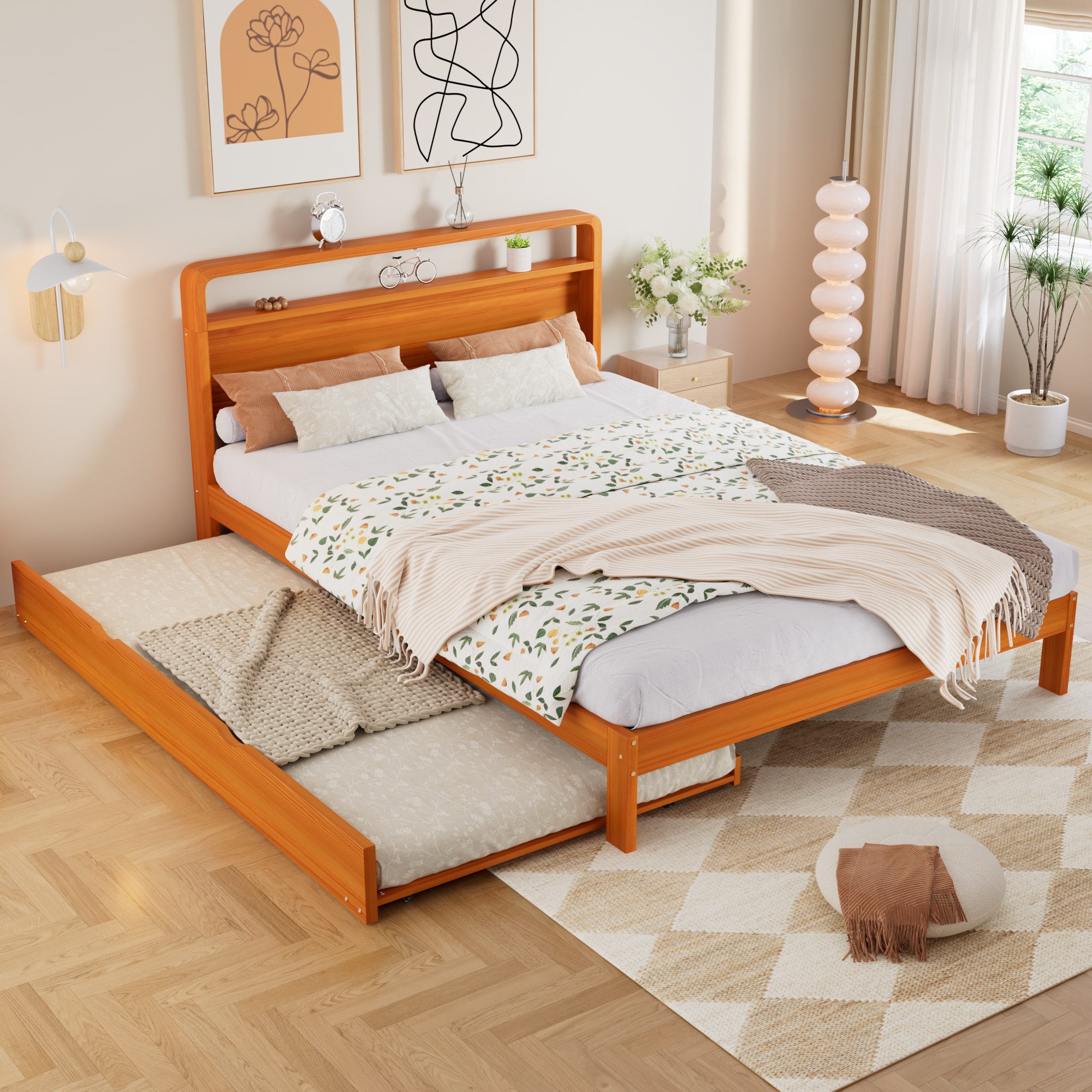 Flieks Massivholzbett, Kinderbett 140x200cm mit Ausziehbett 90x190cm, links/rechts montierbar