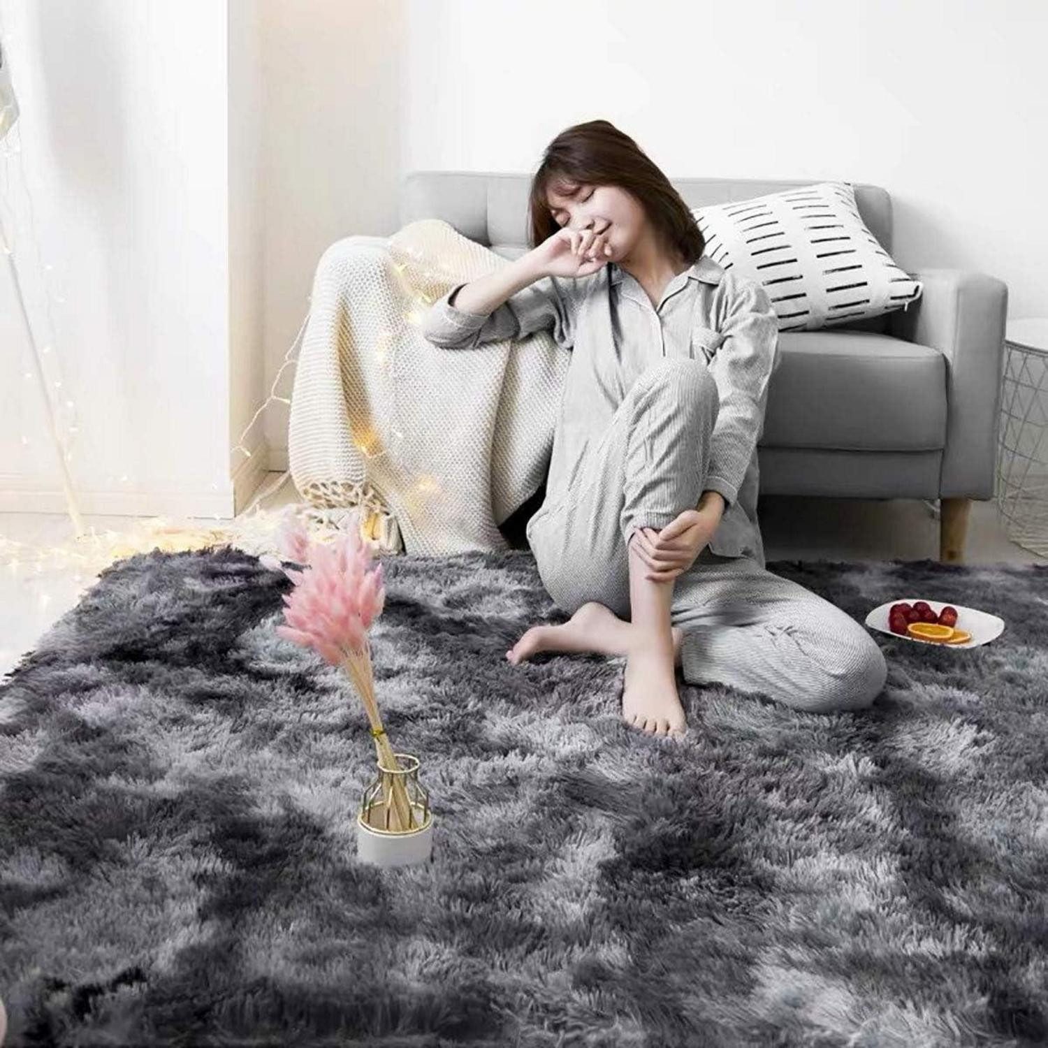 Hochflor-Teppich Hochflor Teppich Shaggy Flauschig Waschbar 80x120 cm Grau Schwarz