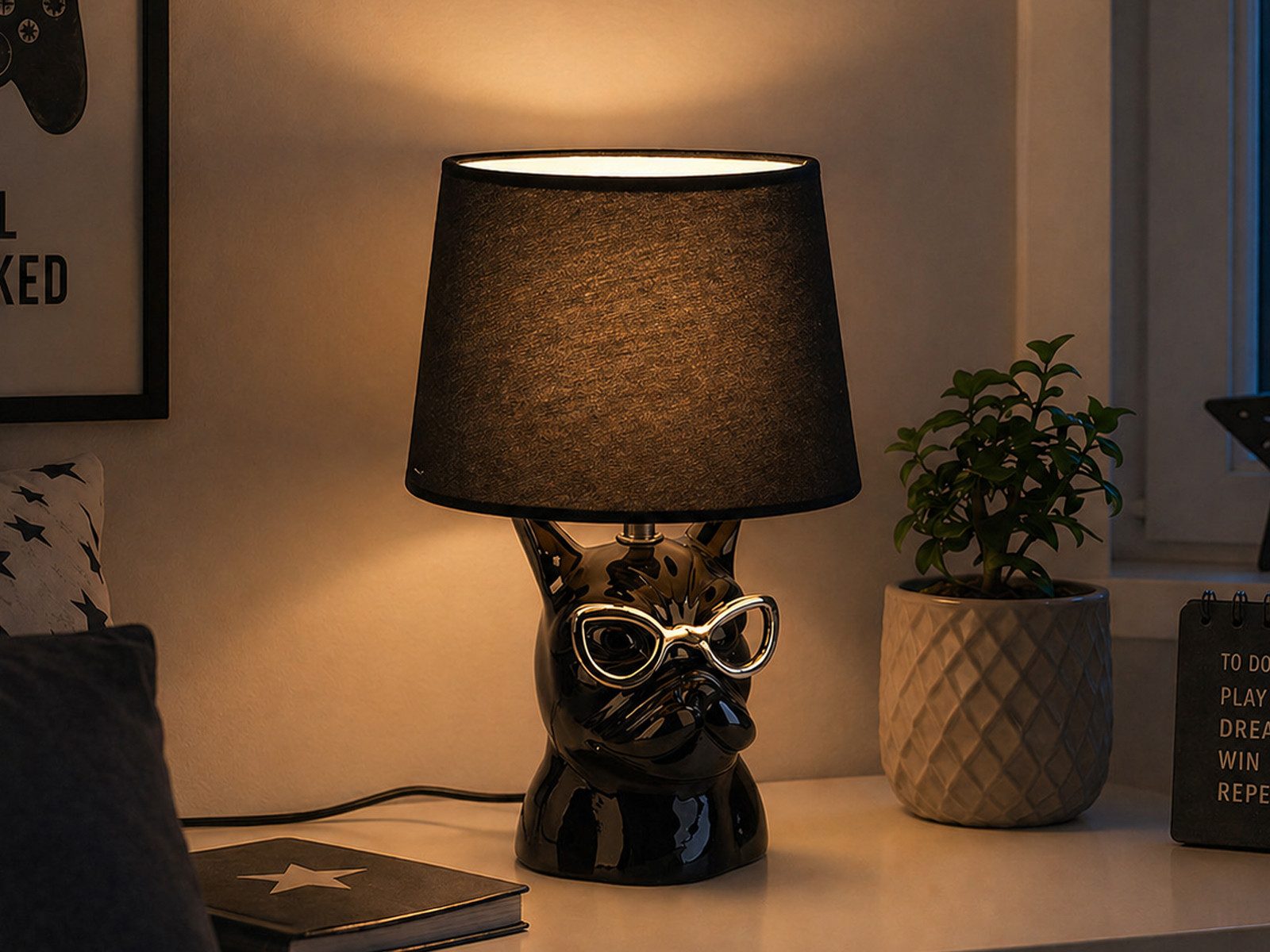 Reality Leuchten LED Tischleuchte, Dimmfunktion, LED wechselbar, Warmweiß, klein-e Hundelampe ausgefallene Tierlampe Fensterbank Schwarz, H 29cm
