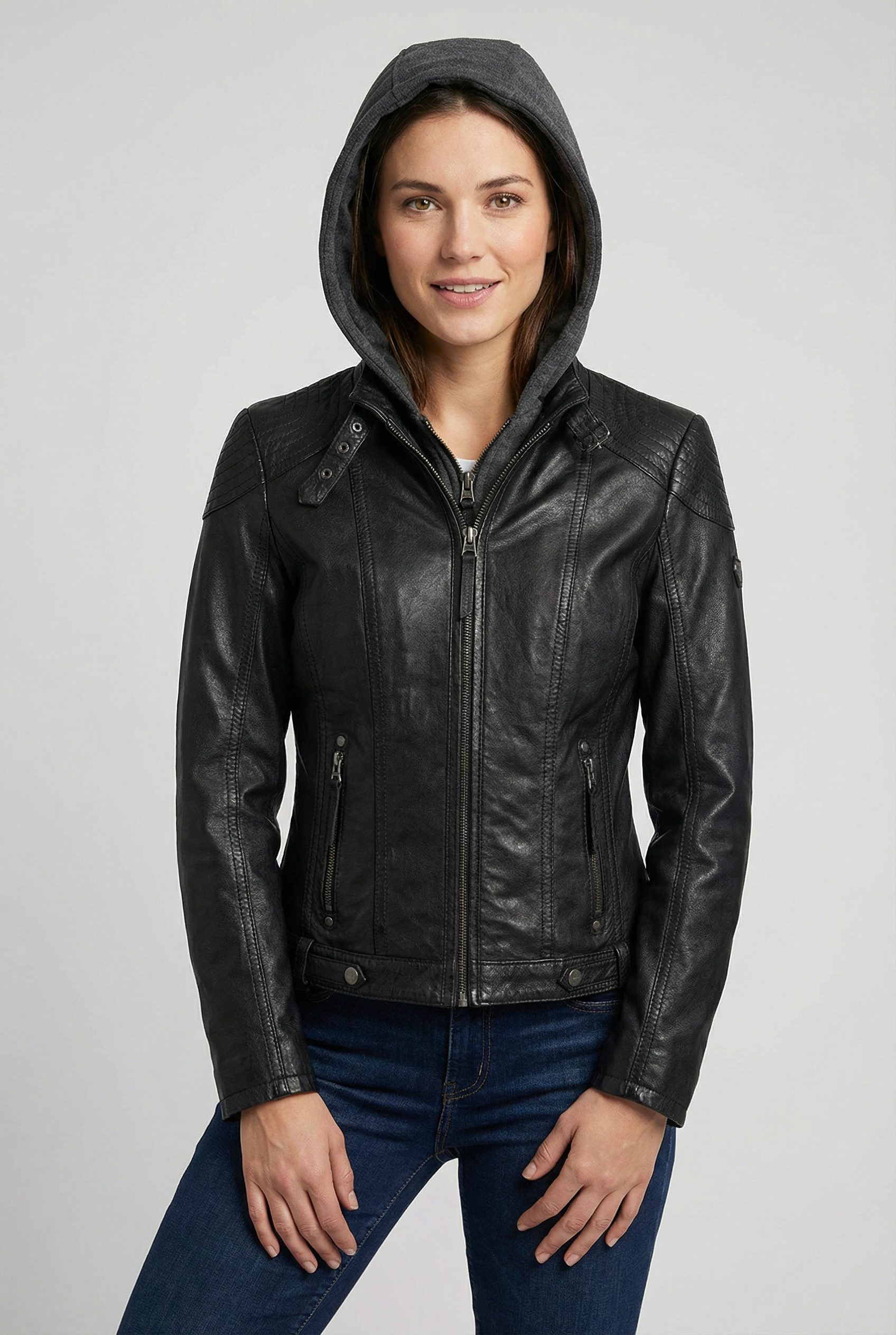 Mauritius Lederjacke Cacey LEGV mti Kapuze, Reißverschluss, Ziersteppung günstig online kaufen