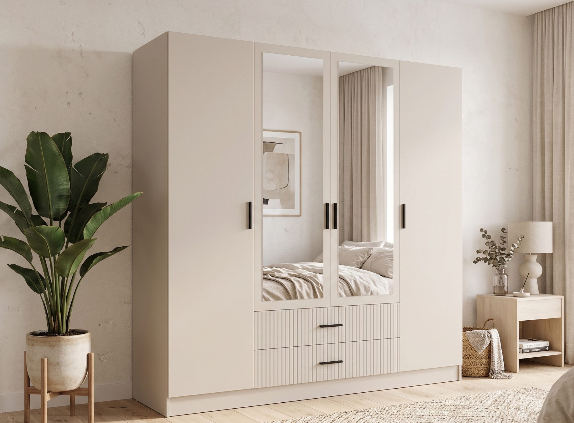 OTTO home Kleiderschrank TERRIK, modern mit viel Stauraum & geriffelter Struktur, Spiegel (B/H/T ca. 200/200/60) Schrank mit 11 Fächern, Kleiderstange, 2 Schubladen, Made in EU