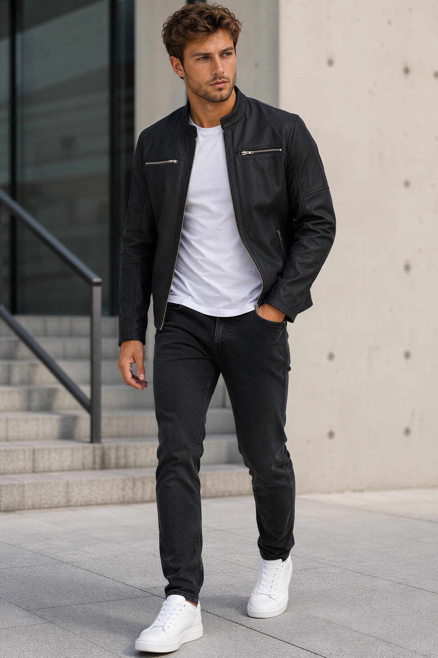 Reichstadt Lederjacke Herren Slim Fit Bikerjacke Silver Zipper 20RS20LUX Reißverschluss an den Ärmelenden