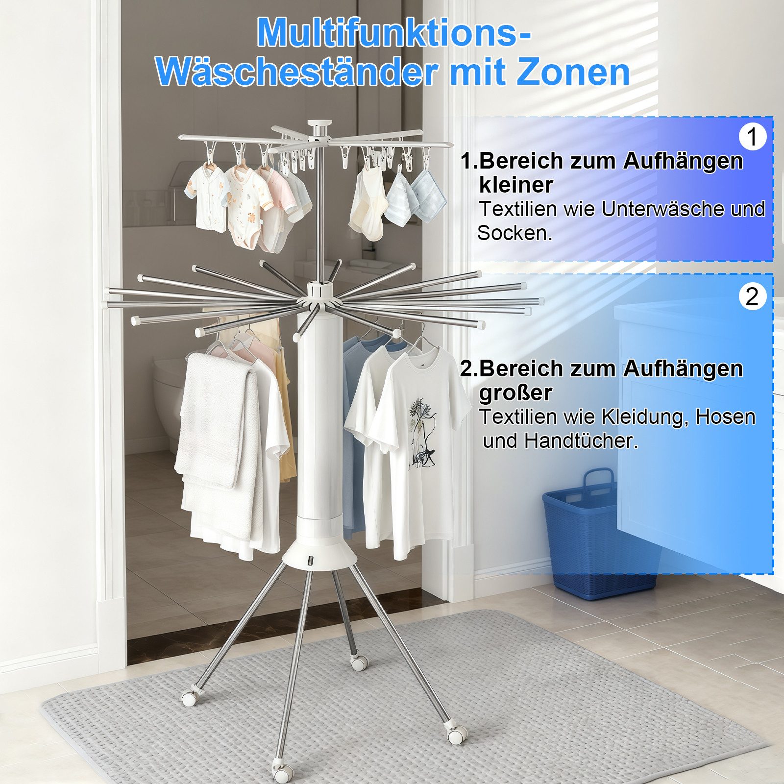 PFCTART Kleiderständer Wäscheständer Turm „Octopus“ mit Rollen – Doppelt klappbar & 2 Etagen, (Set, 1 St., Aus Edelstahl & Alu - Für Innen & Außen, mobil & stabil), 360° drehbare Wäschespinne - 16 Stangen & 20 Klammern, platzsparend