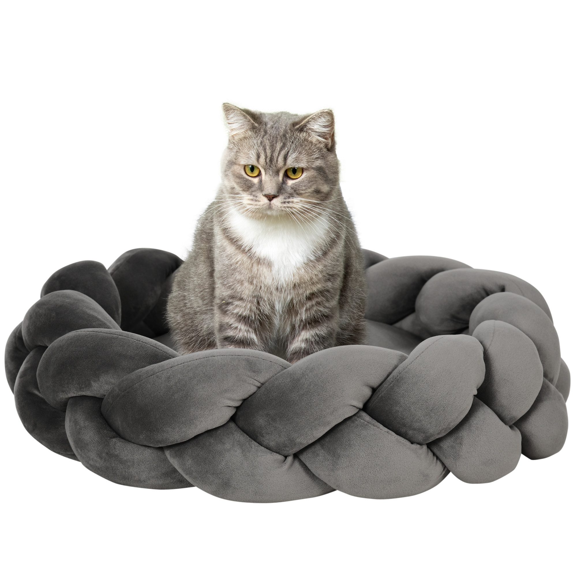 PawHut Tierkissen waschbare Tiermatte für kleine Hunde und Kätzchen, Samt, Baumwollseil, Grau Ø55 x 14 cm