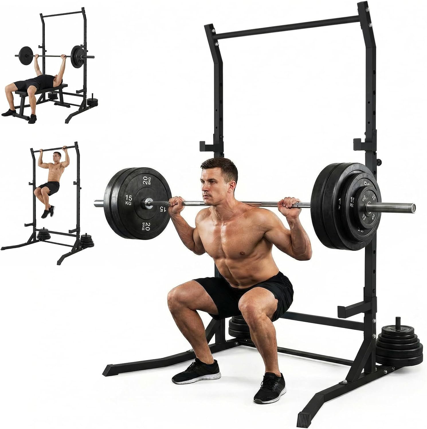 TLGREEN Squat Rack Multifunktionales Power Rack, (Verstellbarem J-Haken & Sicherheitsstangen), fur Heim-Fitnessstudio, kleines Studio, Garagen-Trainingsbereich