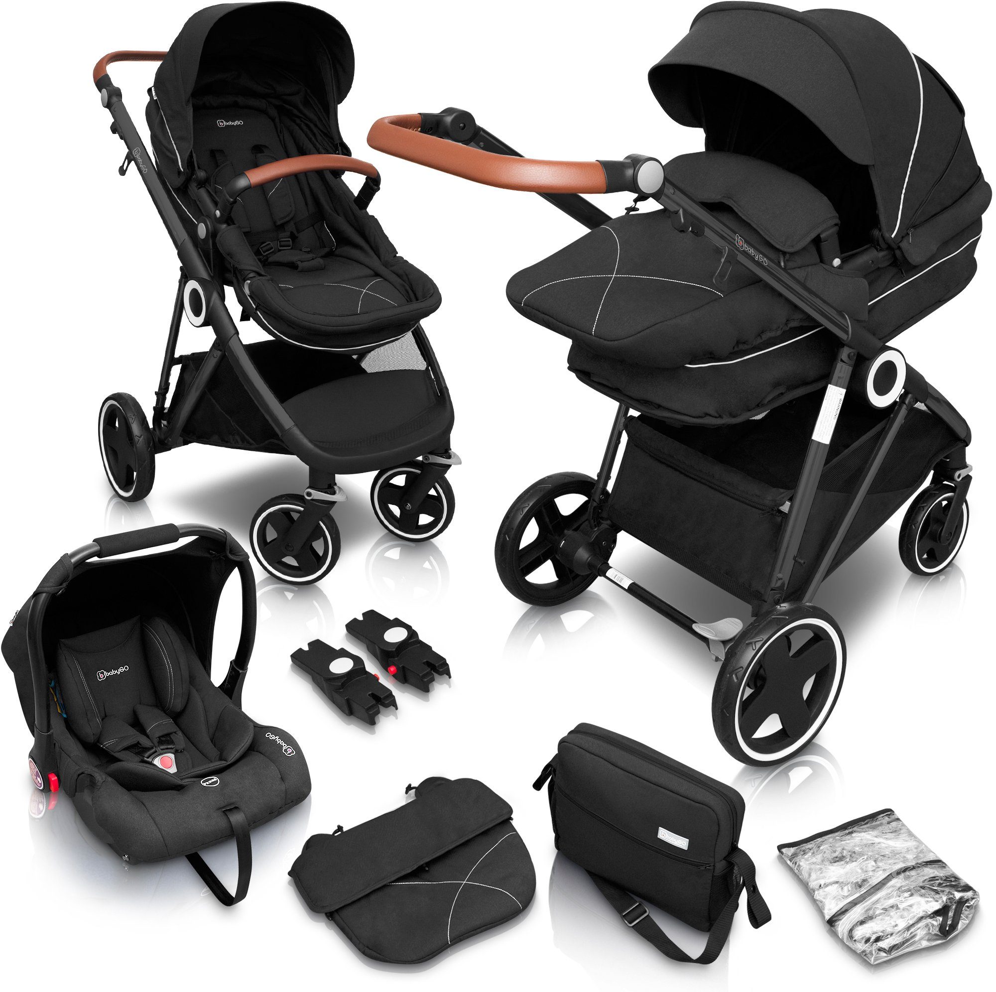 BabyGo Kombi-Kinderwagen Halime 3in1, Anthracite Black, inklusive Babywanne, Babyschale, Regenhaube & Wickeltasche