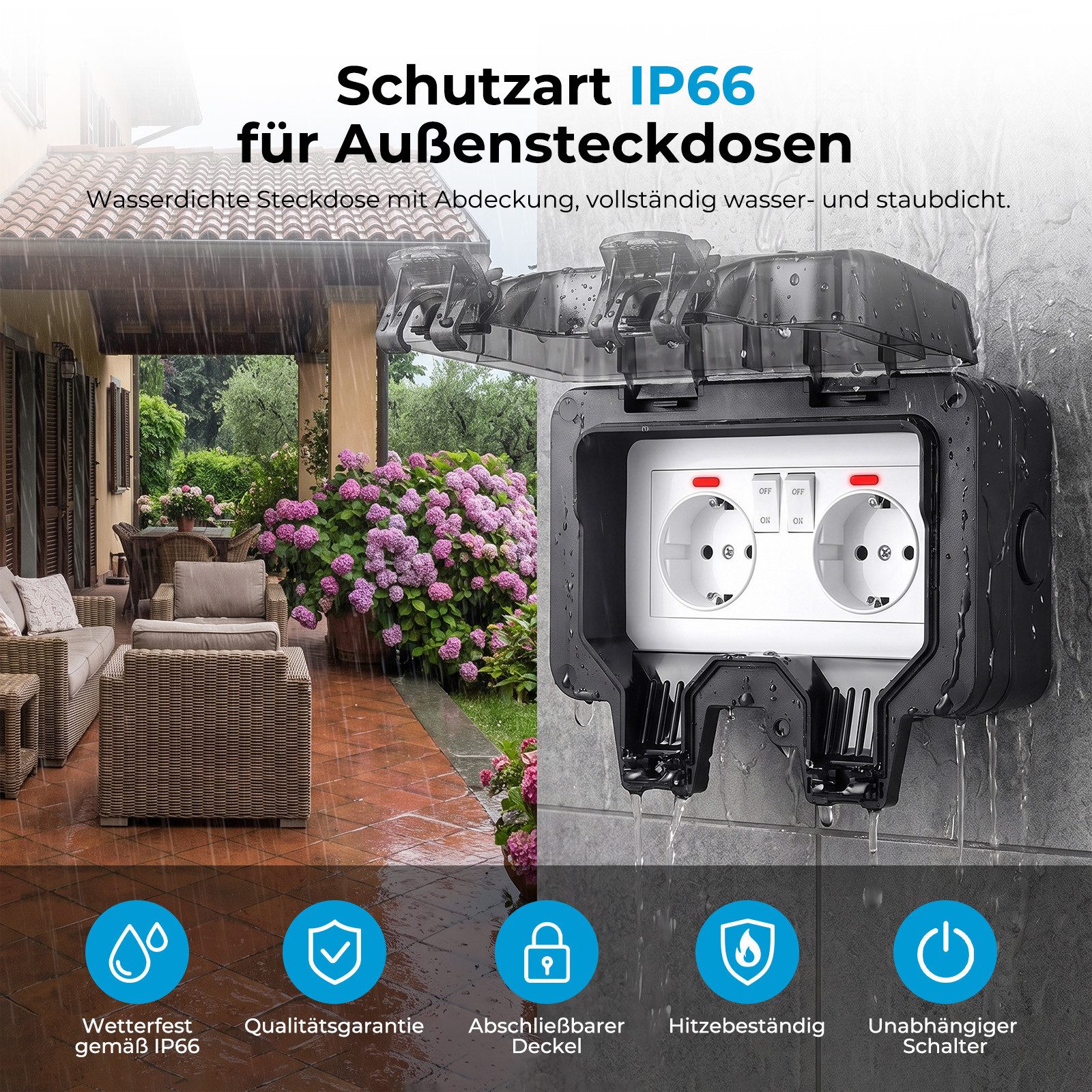 AKKEE Gartensteckdose Außensteckdose Steckdose Garten IP66 Wasserdicht mit Schutzkappe, Für Garten, Garage, Küche, Badezimmer