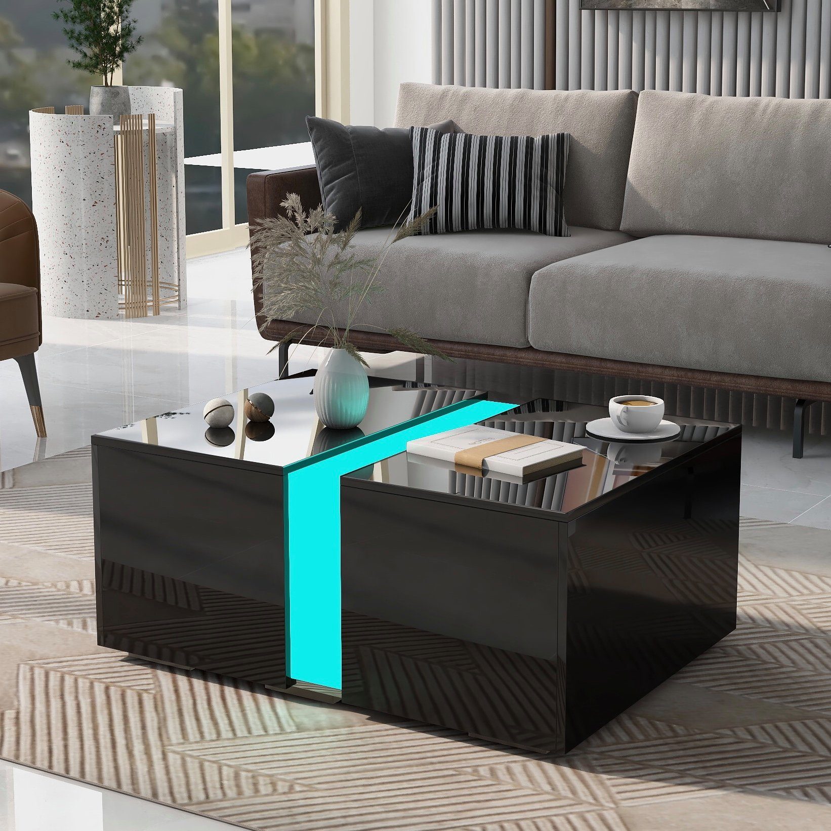 SOFTWEARY Couchtisch mit ausziehbarer Tischplatte, inkl. LED-Beleuchtung,  73/60/34 cm, Sofatisch, Kaffeetisch, Wohnzimmertisch