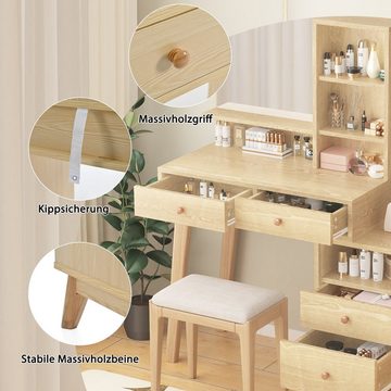 Ulife Schminktisch Kosmetiktisch mit Spiegel,4 offenen Fächern und 4 großen Schubladen, Maße: B105/H130.5/T40 cm(ohne Hocker)