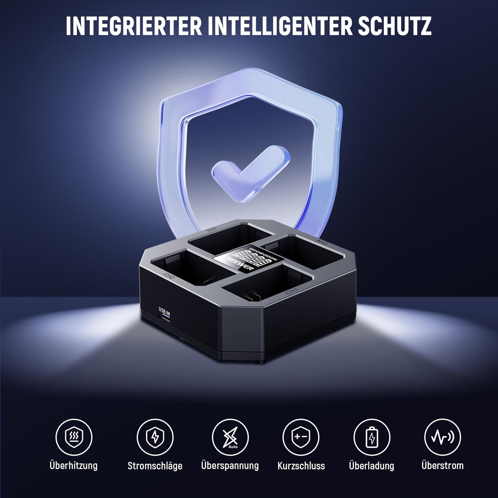Neewer NW-Z4 4 Kanal USB Ladegerät Charger für NP-FZ100 Kamera Akku Batterie-Ladegerät (Packung, 1-tlg., mit PD 45W Schnellladegerät, Akkuanzeige, für Sony A7IV A9iii ZV-E1)