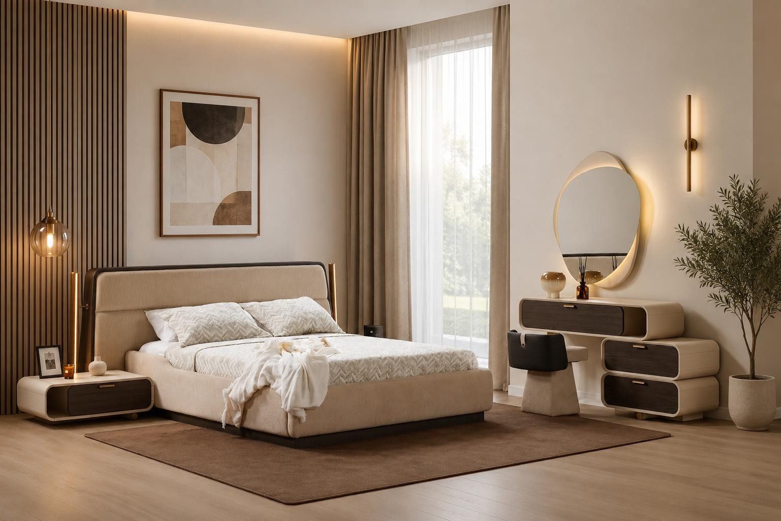 Xlmoebel Schlafzimmer-Set Schlafzimmer Set Bettanlage Schminkplatz Modern Beige Komfortabel, (Schlafzimmer-Set, 9-tlg., 9-tlg)