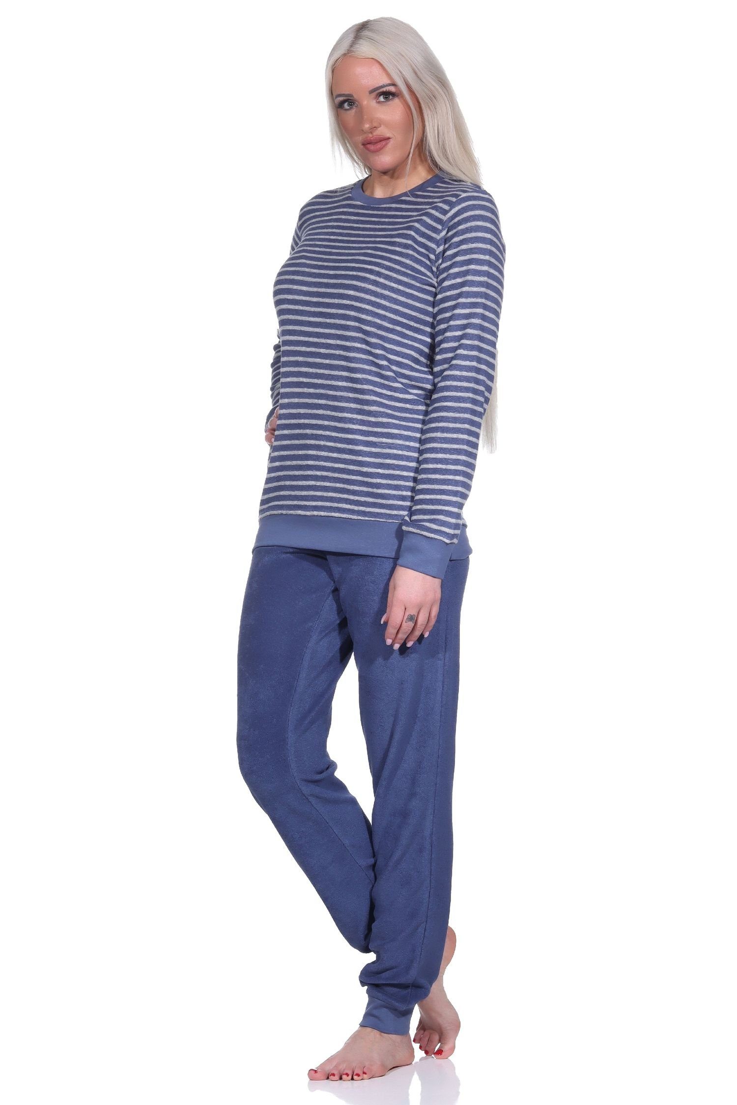 Normann Pyjama Damen Frottee langarm mit Streifenoptik in Bündchen marine Schlafanzug