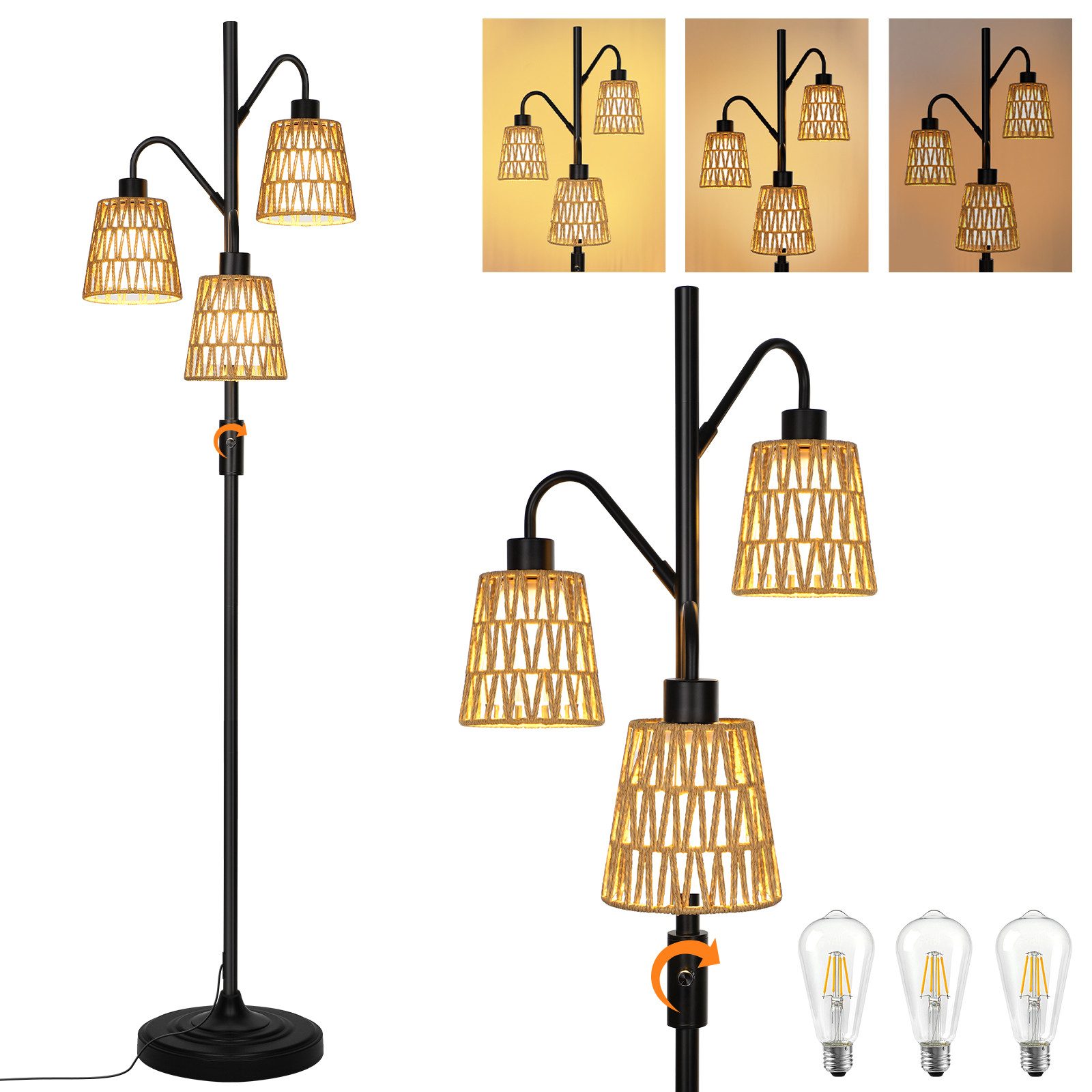 Stehlampe Stehlampe Wohnzimmer dimmbar, Retro Standleuchte mit 3-flammige