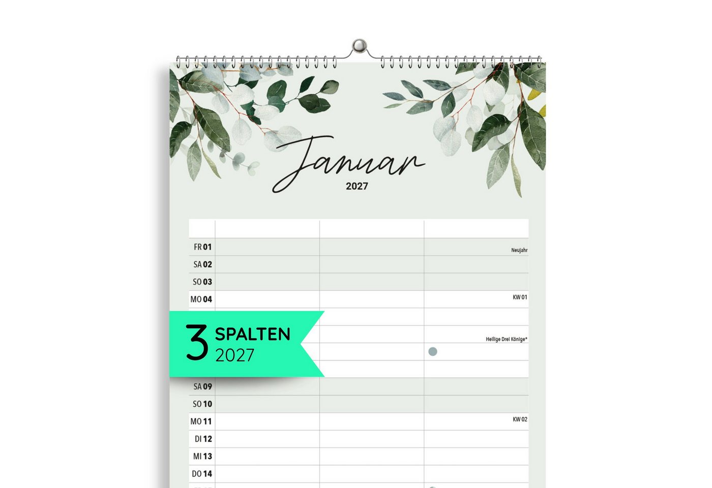 heaven+paper Partnerkalender Paarplaner Green 3 Spalten 2027 botanisch, hochwertig, Hergestellt in Deutschland