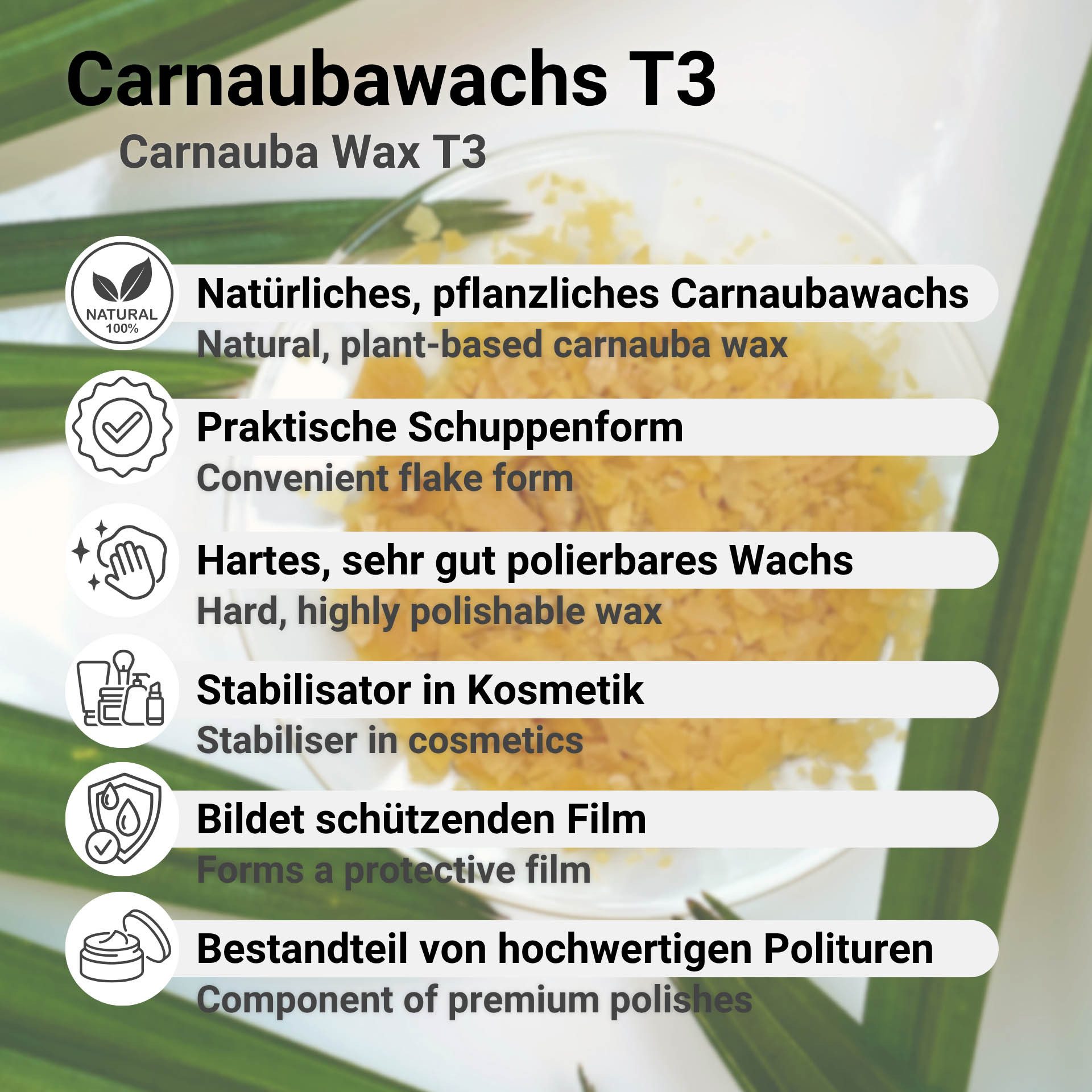 DistrEbution Carnaubawachs T3 Schuppen Hellfettgrau für Kosmetik und Technik Politur, Hoher Schmelzpunkt, einfache Verarbeitung und vielseitig einsetzbar