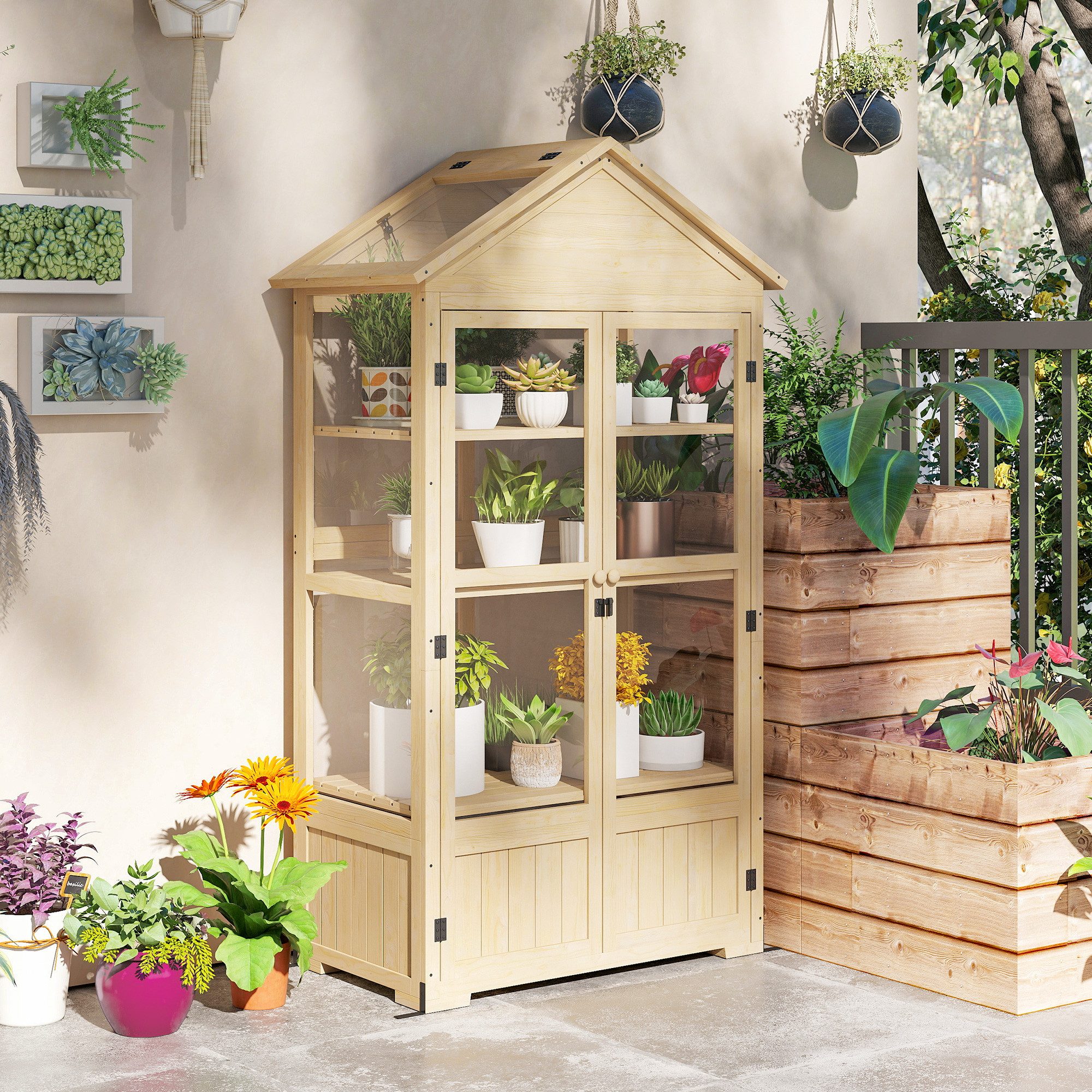 Outsunny Hochbeet Frühbeet aus Holz Abschließbar mit 4 Ebenen, Dachfenster, Doppeltür (Anzuchtbeet, 1 St., Frühbeetkasten), für Garten, Balkon, Natur, 100 x 56,5 x 178 cm