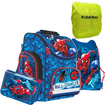 KiddiBex Schulranzen Spiderman (Set, 4-tlg., Tornister, Mäppchen, Turnbeutel & Regenschutz), Jungen 1. Klasse - Grundschule Ranzen - Ergonomischer Schulrucksack