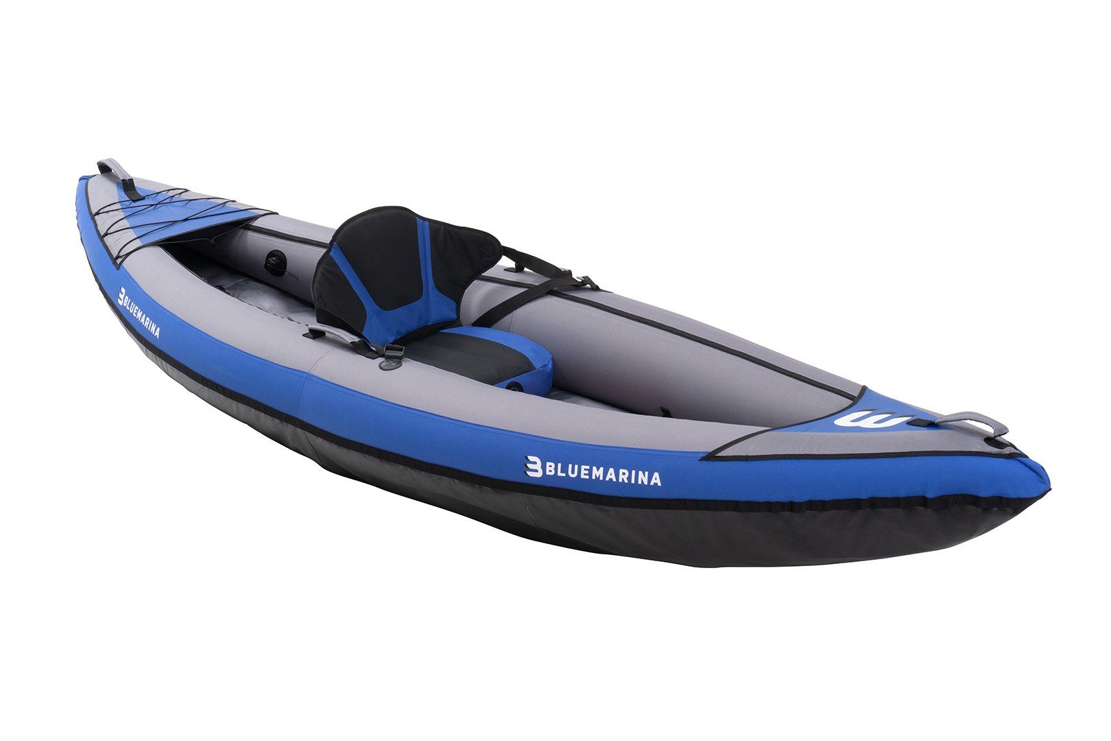 Bluemarina Kanu Aufblasbares Kajak Samoa 1 Sitzer, (bis 110 kg - robuste Finnen - 4 Tragegriffe - Fußpumpe - Transporttasche, 3-St., Luftkajak mit Paddel), Kajak - Kayak - Kanu - Schlauchboot - Angelboot