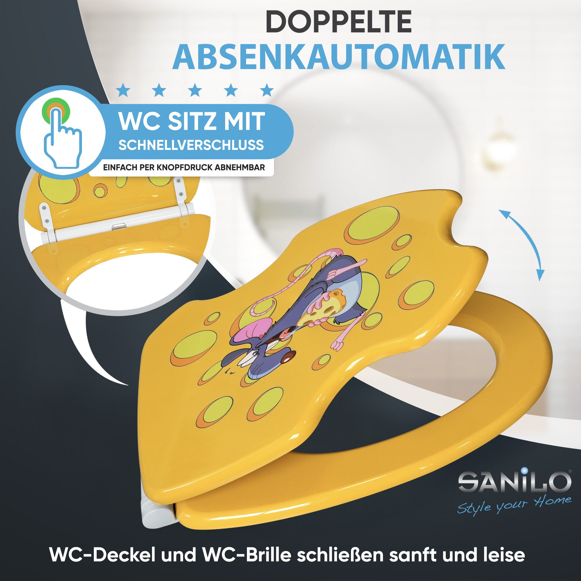 Sanilo WC-Sitz Cheesy mit Absenkautomatik & Quick Release, Premium Toilettendeckel, abnehmbar, leichte Montage von oben