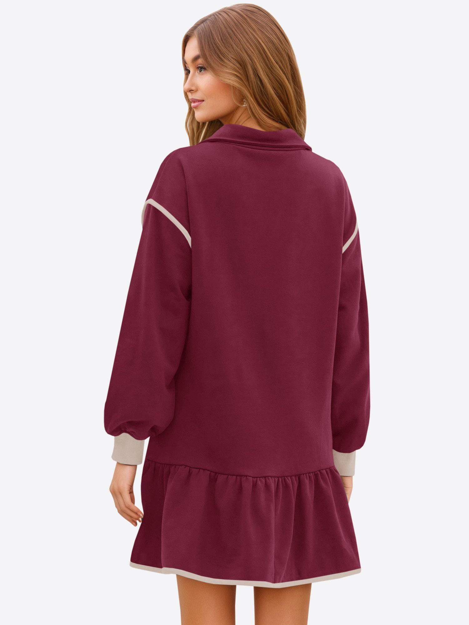 Imily Bela Minikleid Damen Langarm Casual mit Halb-Reißverschluss Kontrastnähten (Packung, 1-tlg., 1per-Pack) mit Ballonärmel Rüschensaum