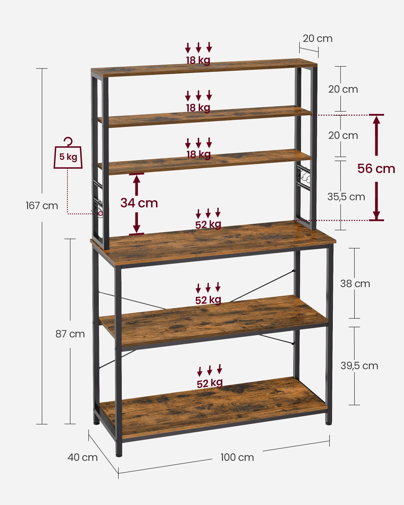 VASAGLE Standregal Küchenregal, Mikrowellen-Regal, 6 Haken, 6 Ablagen, 40 x 100 x 167 cm, Stahlrahmen, Industrie-Design