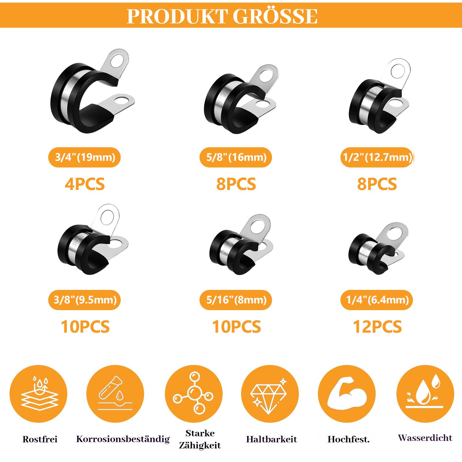 BlingBin Rohrschelle 52 Stück Gummi-P-Clip Schlauchschellen aus Edelstahl mit Gummipolster, (52er Set, 52-St., 6mm 8mm 10mm 13mm 16mm 19mm), gelenkige Schlauch- – Bild 2 von 5